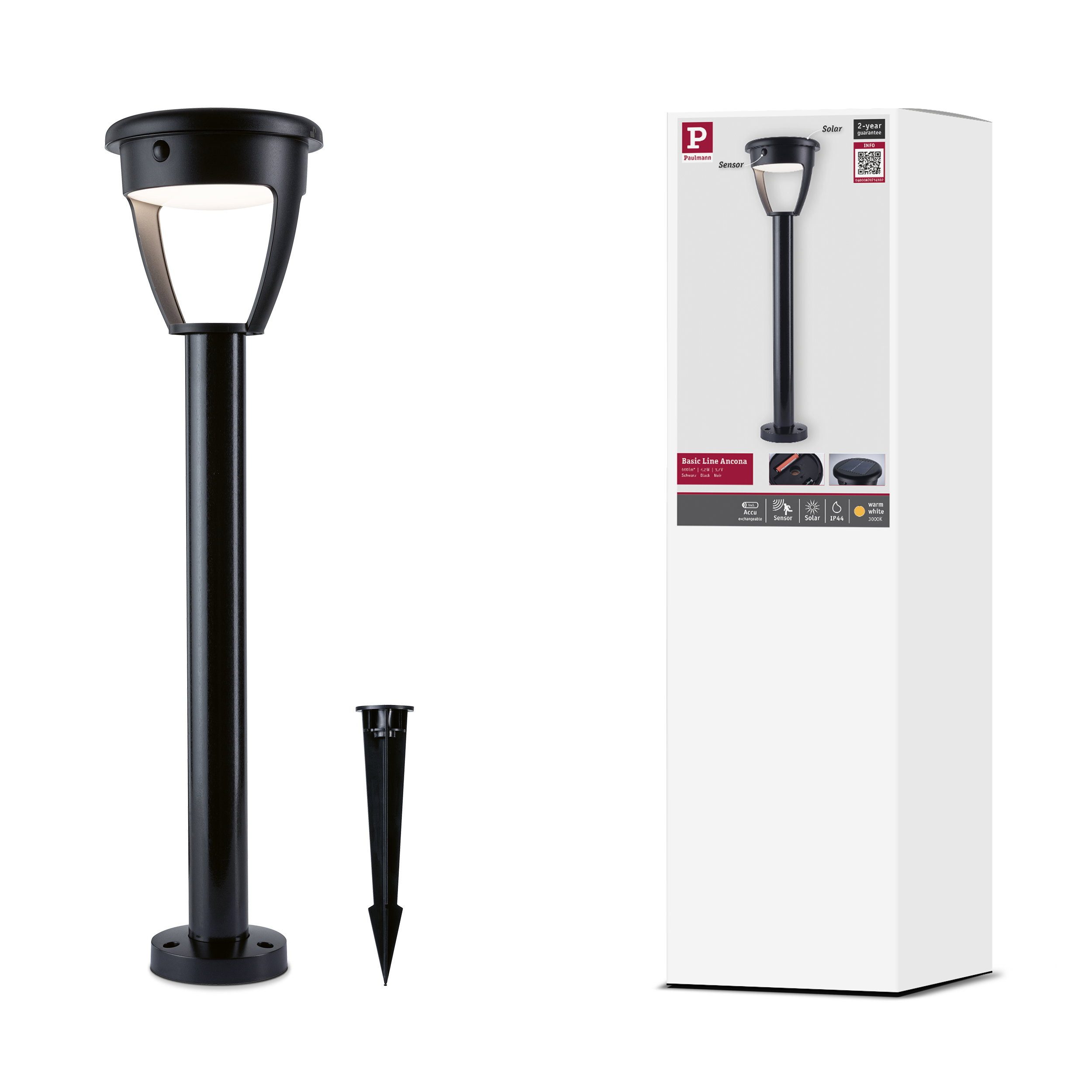 Paulmann LED Wandleuchte Solar LED Erdspieß Ancona IP44 3000K 300lm Schwarz 140 mm