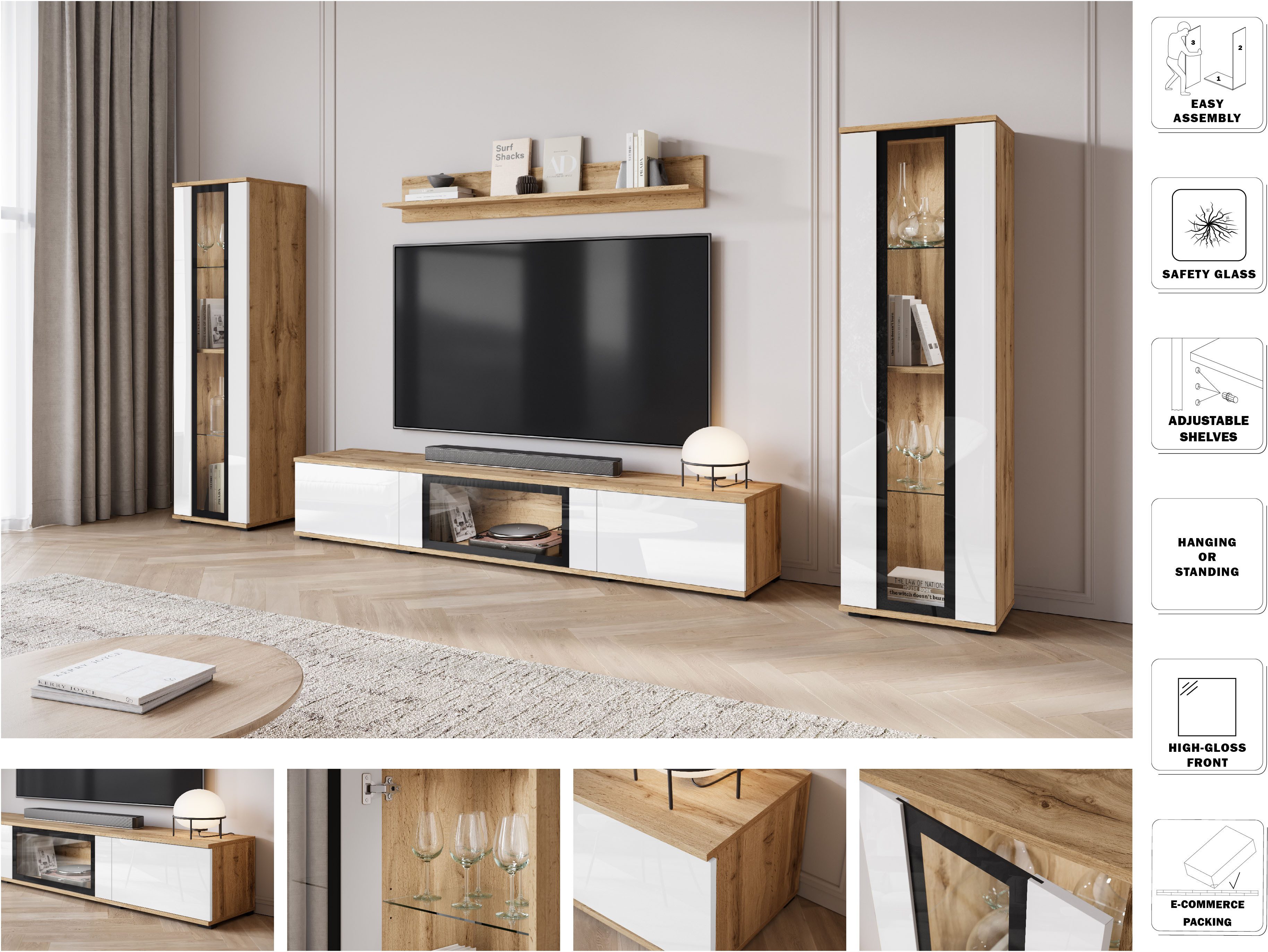 Home affaire Wohnwand Caro, stehend und hängend montierbar, (Komplett-Set, 4-St., Vitrine Türanschlag links/rechts wechselbar), grifflose Design, höhenverstellbare Einlegeböden