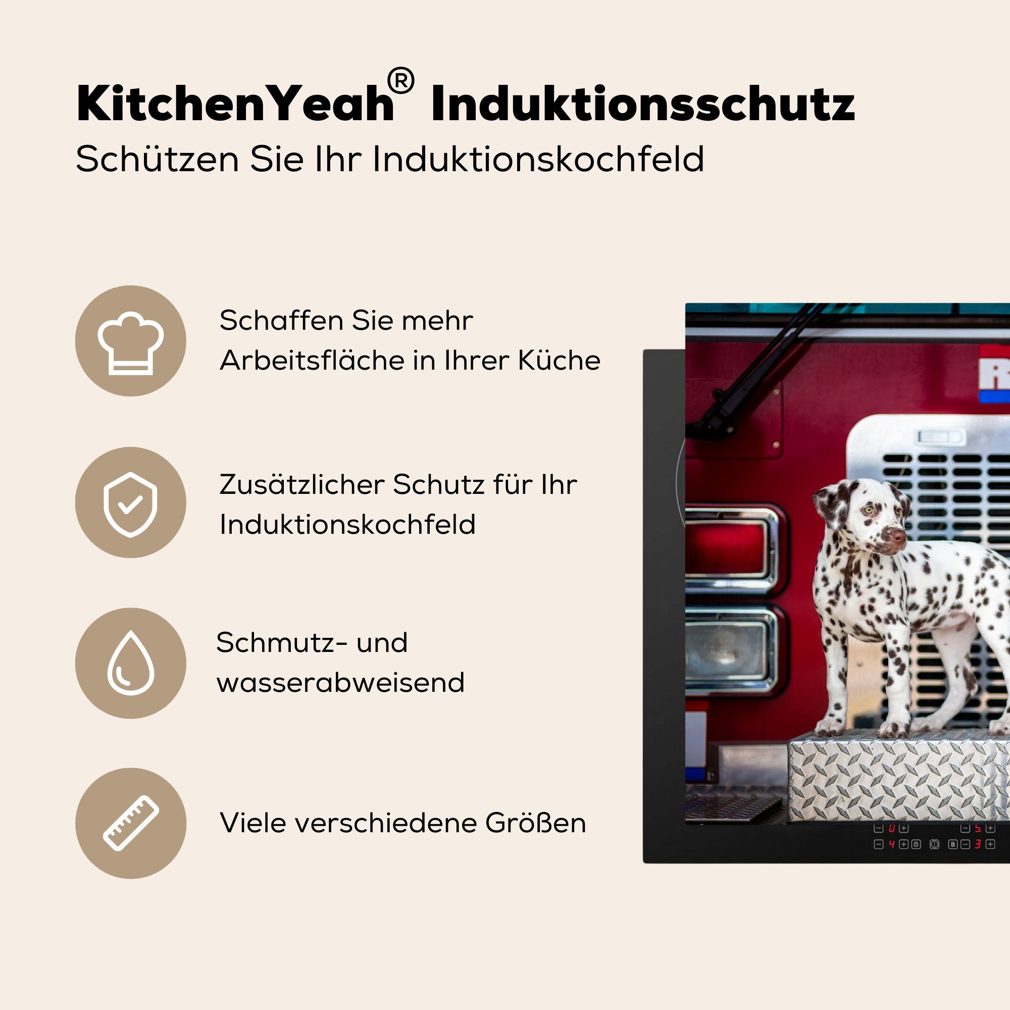 Dalmatiner Feuerwehrmann, Hund - Induktionskochfeld küche, für 81x52 cm, - Herdblende-/Abdeckplatte Ceranfeldabdeckung (1 tlg), Vinyl, die MuchoWow Schutz