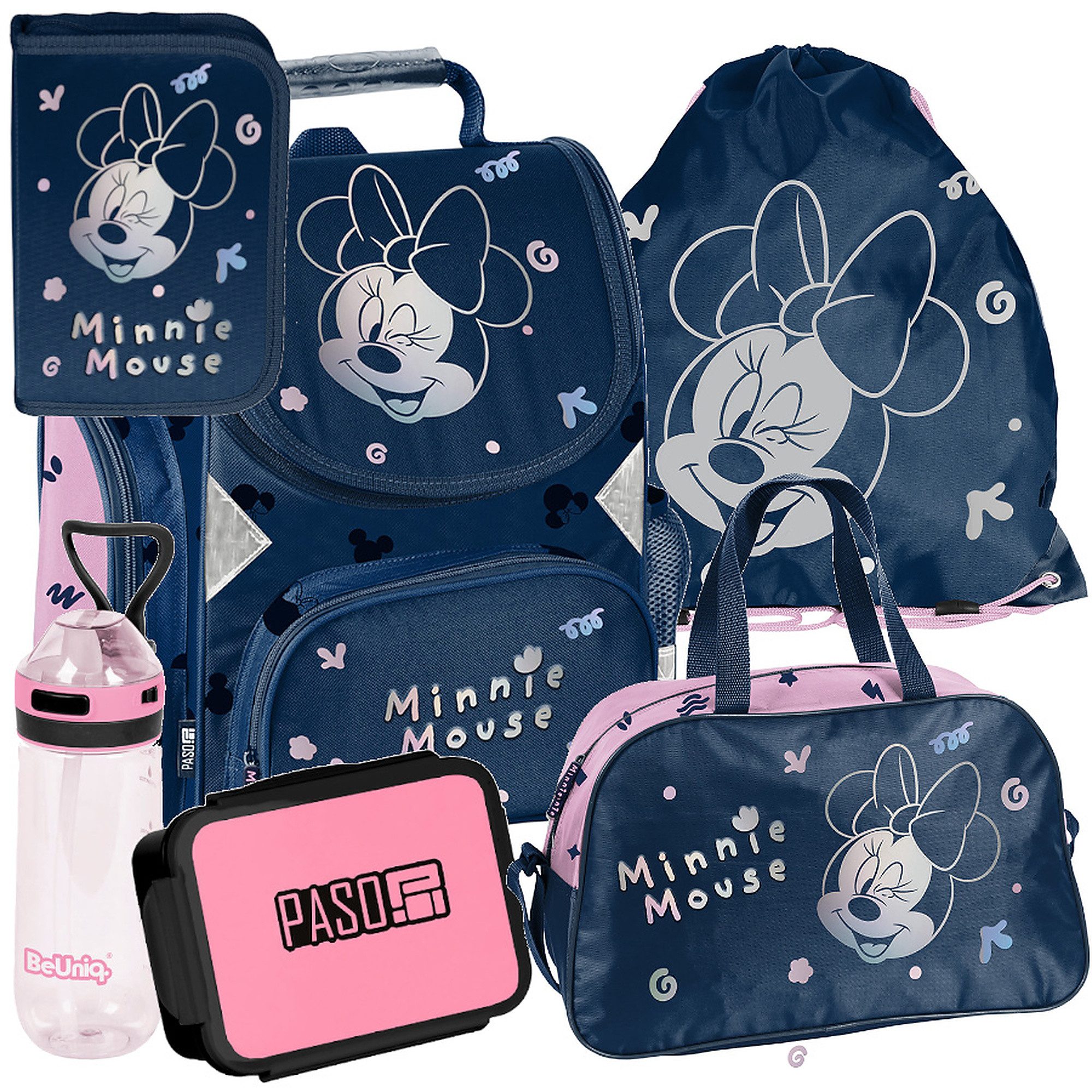 PASO Schulrucksack Mega-Set Disney Minnie Mouse Schulset 6-tlg (Rucksack + Turnbeutel + Federmäppchen + Lunchbox + Trinkflasche + Sporttasche, 6-tlg)