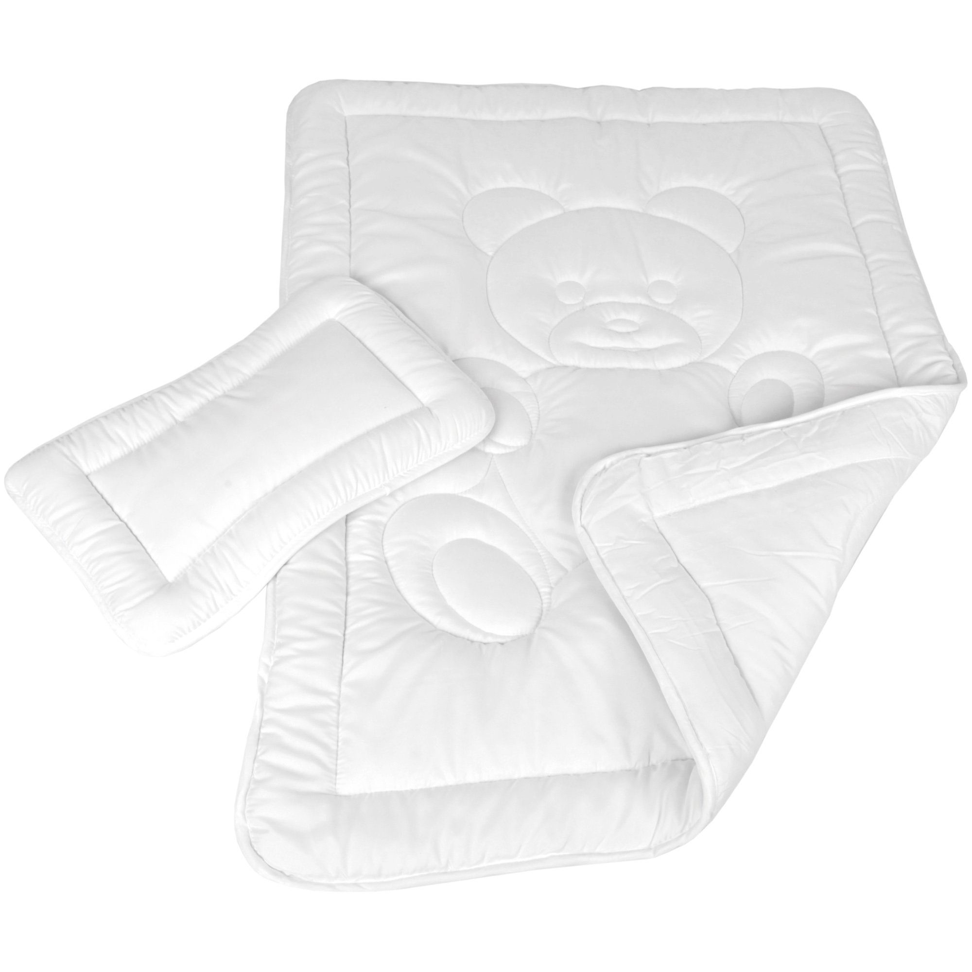 Bettdecke + Kopfkissen, Bestgoodies, Füllung: Polyester Klimafaser, Bettenset für Kinder, Bettdecke 100x135cm + Kopfkissen 40x60cm, Kinderdecke Kinderkissen, Baby Betten Set mit Bärchen-Steppung