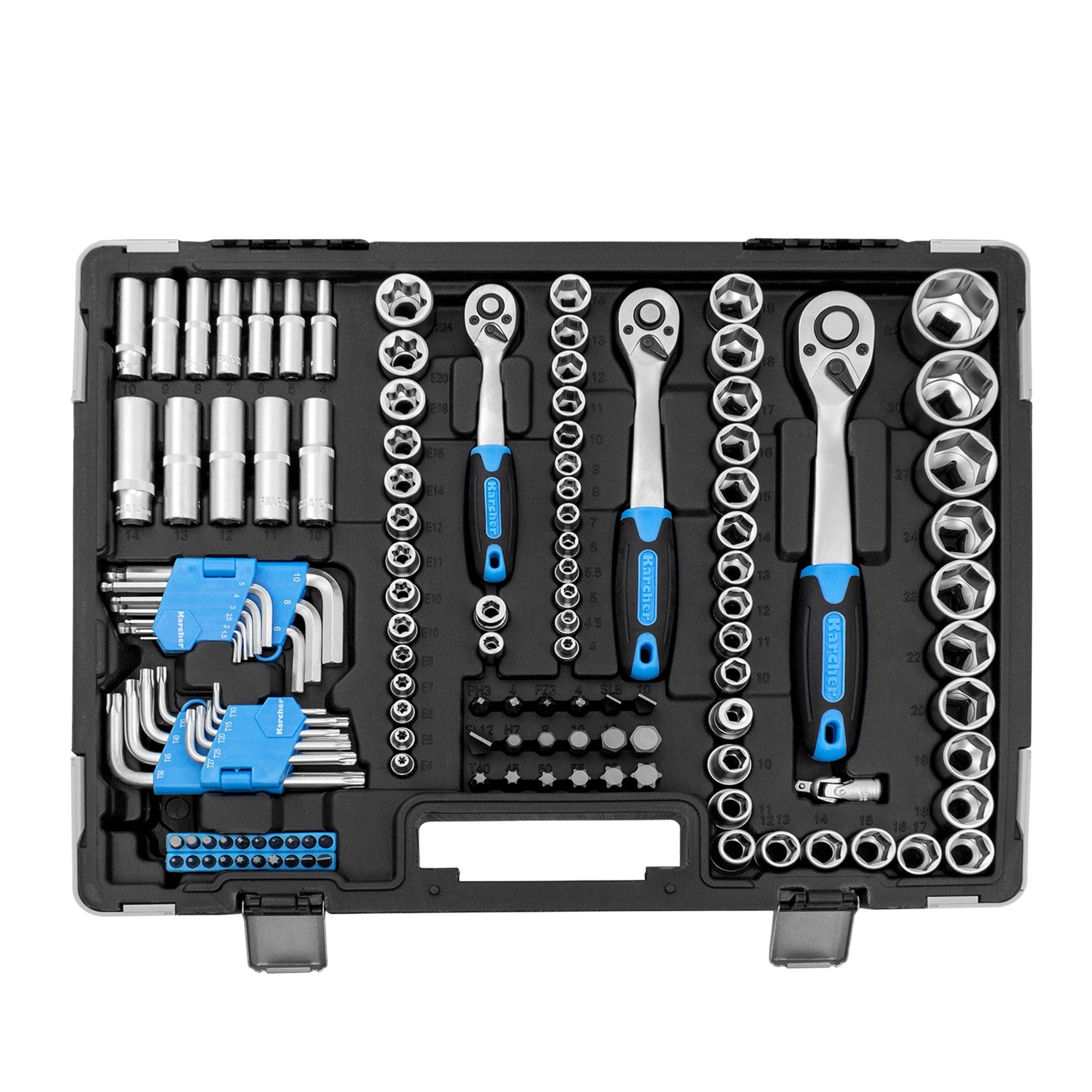 Karcher Werkzeugset 157-teilig, (157-tlg), Steckschlüsselset, 1/4" + 3/8" + 1/2" Ratschen, Chrom Vanadium