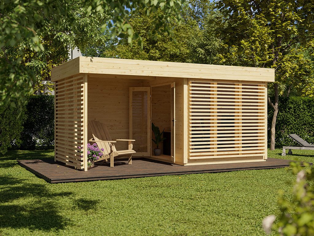 Woodtex Gartenhaus WOODTEX Gartenhaus mit Anbau Ivar 28 mm, BxT: 534x278 cm, Gerätehaus aus Holz mit Fußboden & Flachdach, wetterfest