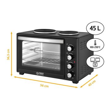 TZS FIRST AUSTRIA Minibackofen mit Kochplatten, 45L, 3200W, Mini Backofen mit Umluft, Pizzaofen, max 230°C, Backblech, Drehspieß, Grillrost, Innenbeleuchtung