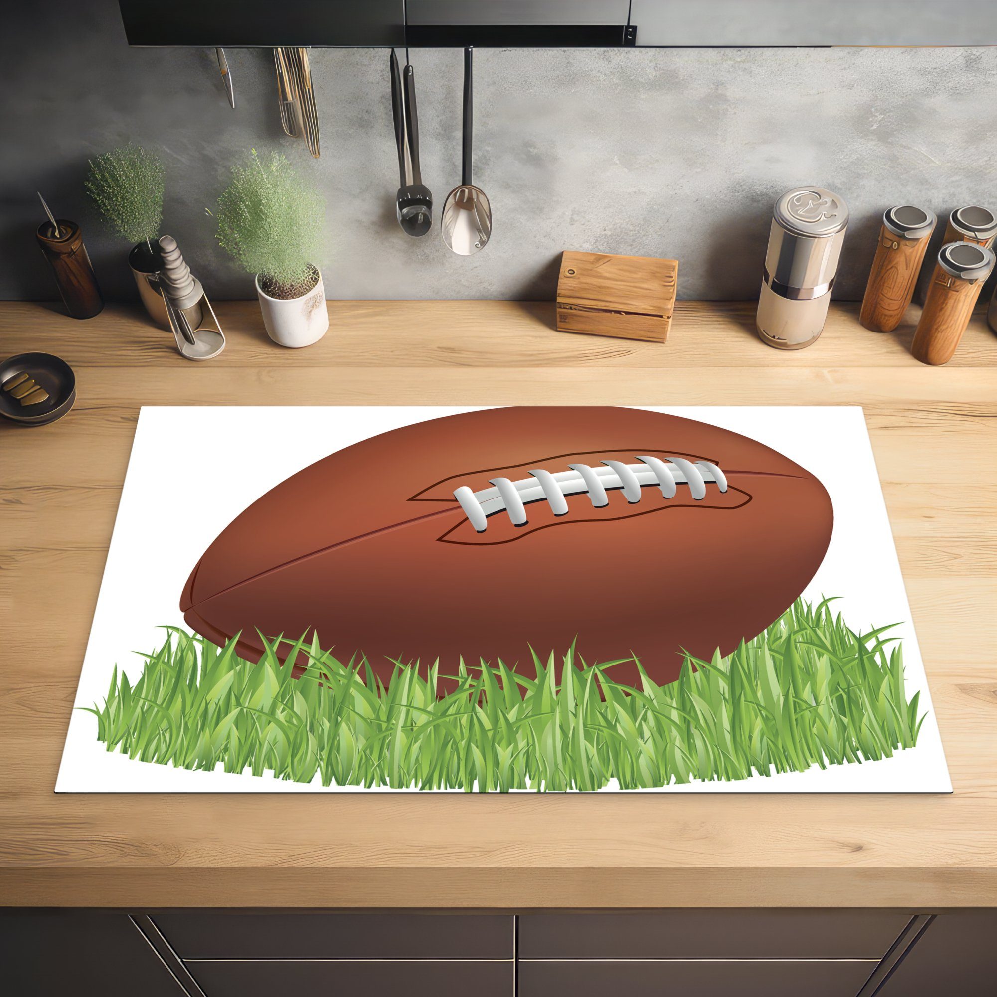 Eine Rugbyballs küche MuchoWow im Vinyl, Illustration für Ceranfeldabdeckung, cm, Gras, eines Arbeitsplatte Herdblende-/Abdeckplatte (1 83x51 tlg),