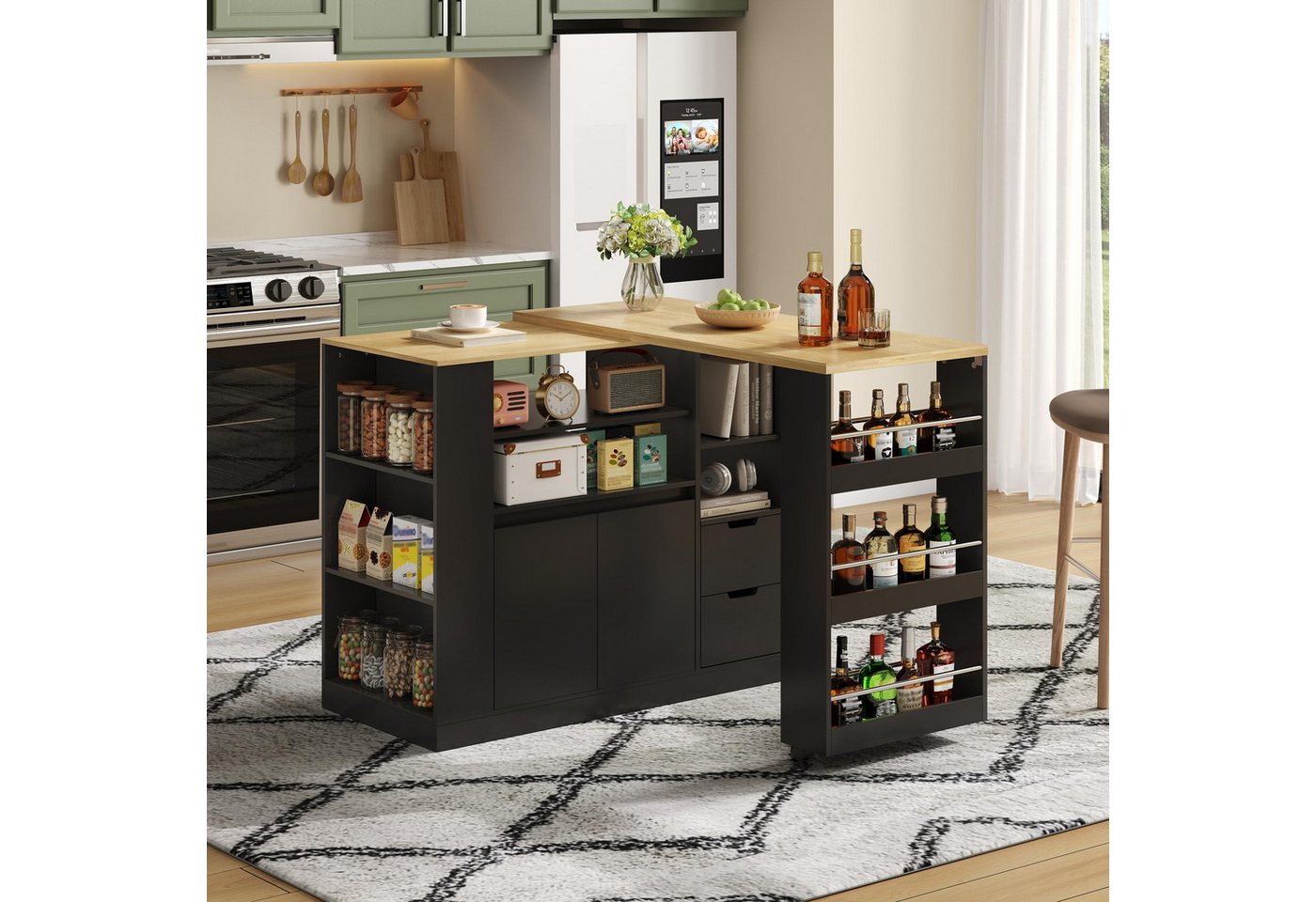 Flieks Bartisch 360° drehbar Stehtisch mit Mehrzweckschrank (Set, 2-St., mit 2 Schubladen, Türen und offene Regalen), schwenkbar Esstisch inkl. Kommode mit Stauraum Schwarz