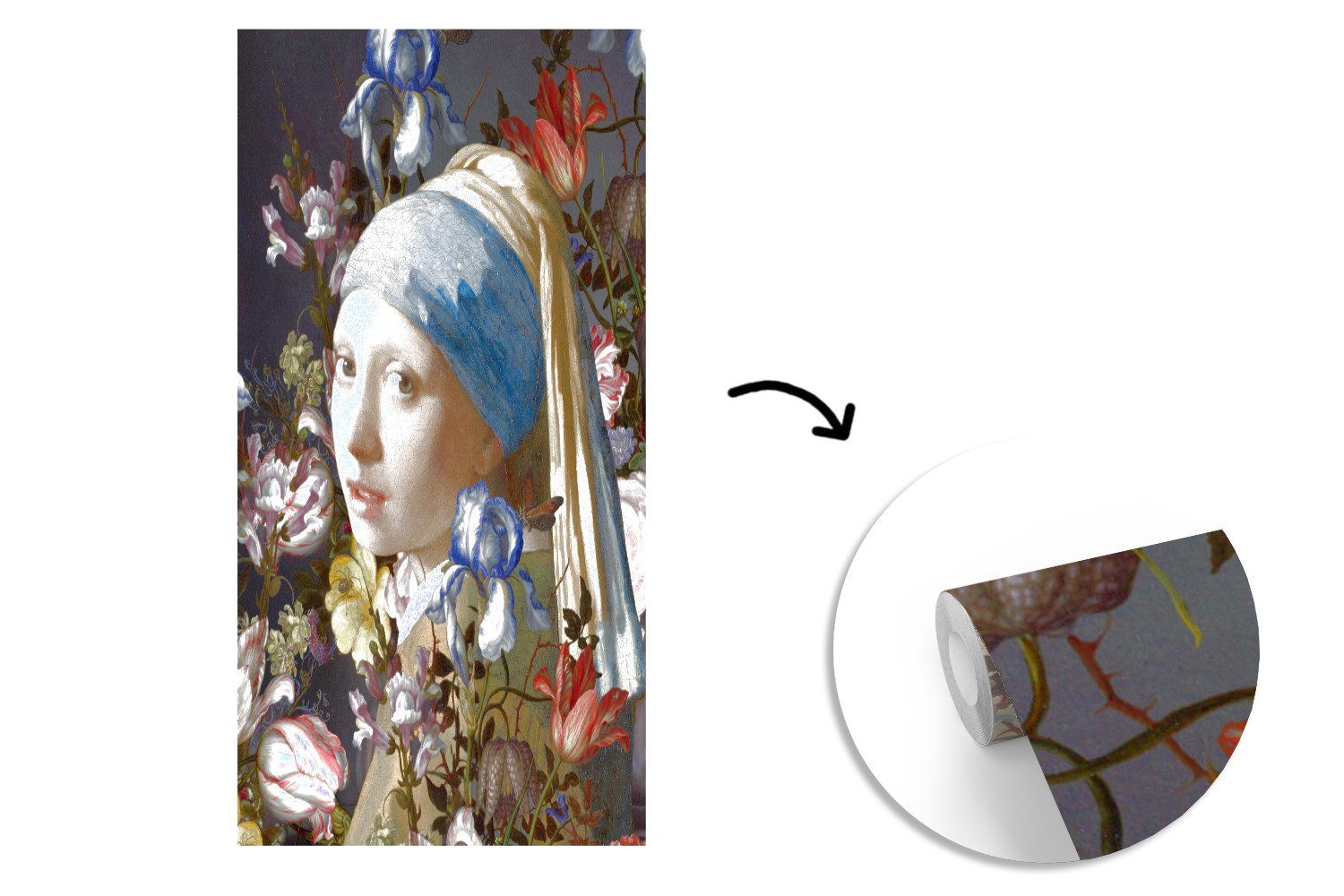 St), mit MuchoWow Blumen, bedruckt, - Perlenohrring dem - Mädchen für Das Johannes Küche, Matt, (2 Fototapete Schlafzimmer Wohnzimmer Vliestapete Vermeer Fototapete