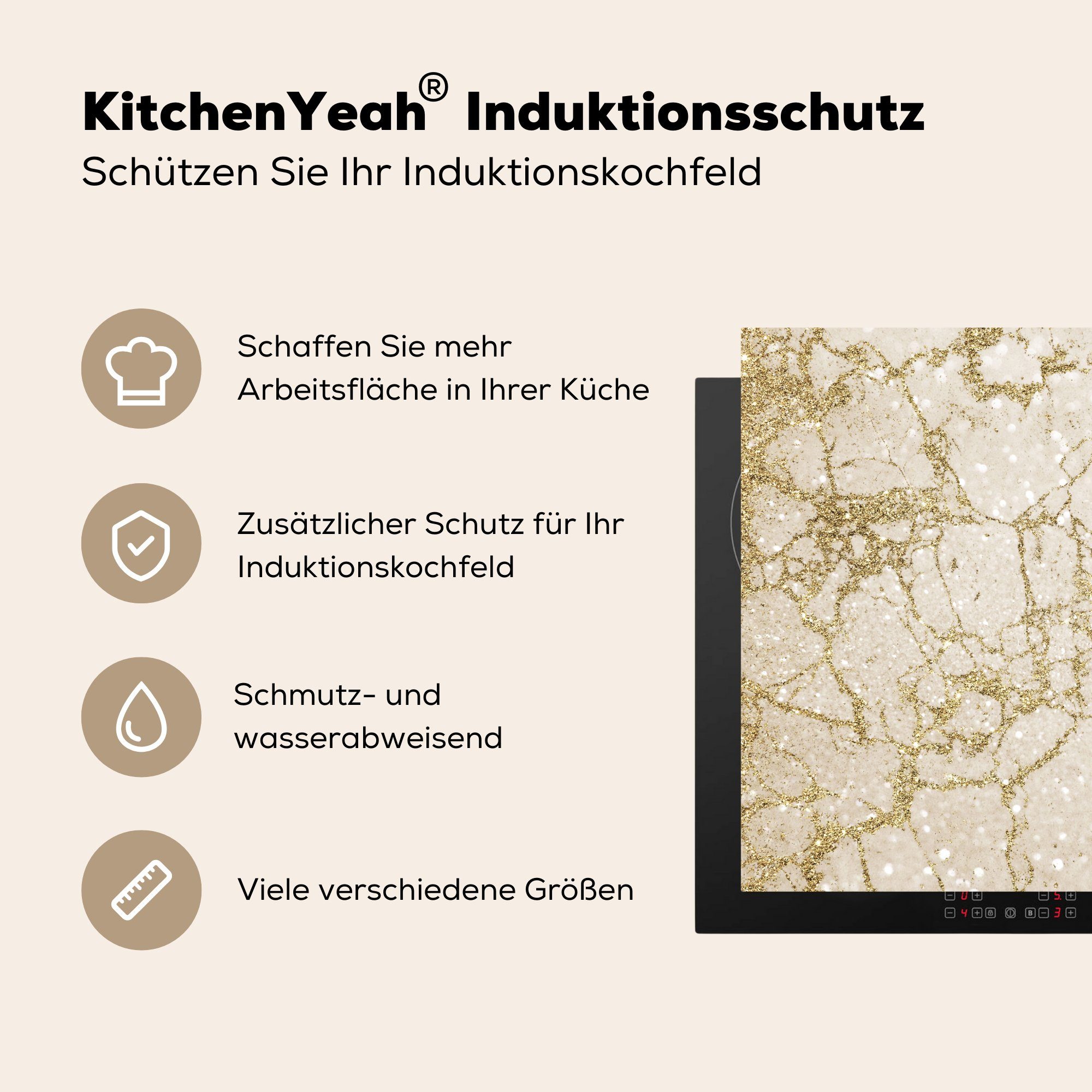 MuchoWow Herdblende-/Abdeckplatte Vinyl, - cm, Marmor für tlg), 78x78 - Arbeitsplatte küche Gold Ceranfeldabdeckung, Glitter, (1