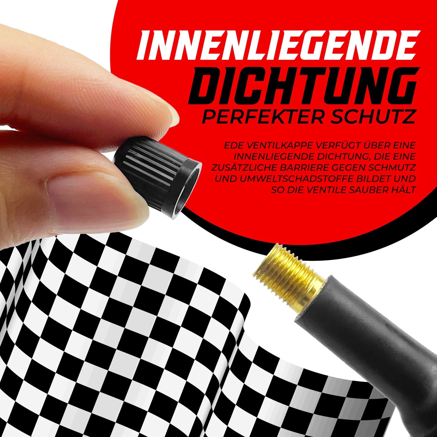 Pitlane Performance Ventilkappe 10x Schrader Ventilkappen Auto & Fahrrad mit Dichtungsring, (Schrader-Ventil, 10-St., Universal Reifenventilkappen Set für PKW), Reifen-Ventildeckel Reifenkappen für Auto, Motorrad, E-Bike & Fahrrad