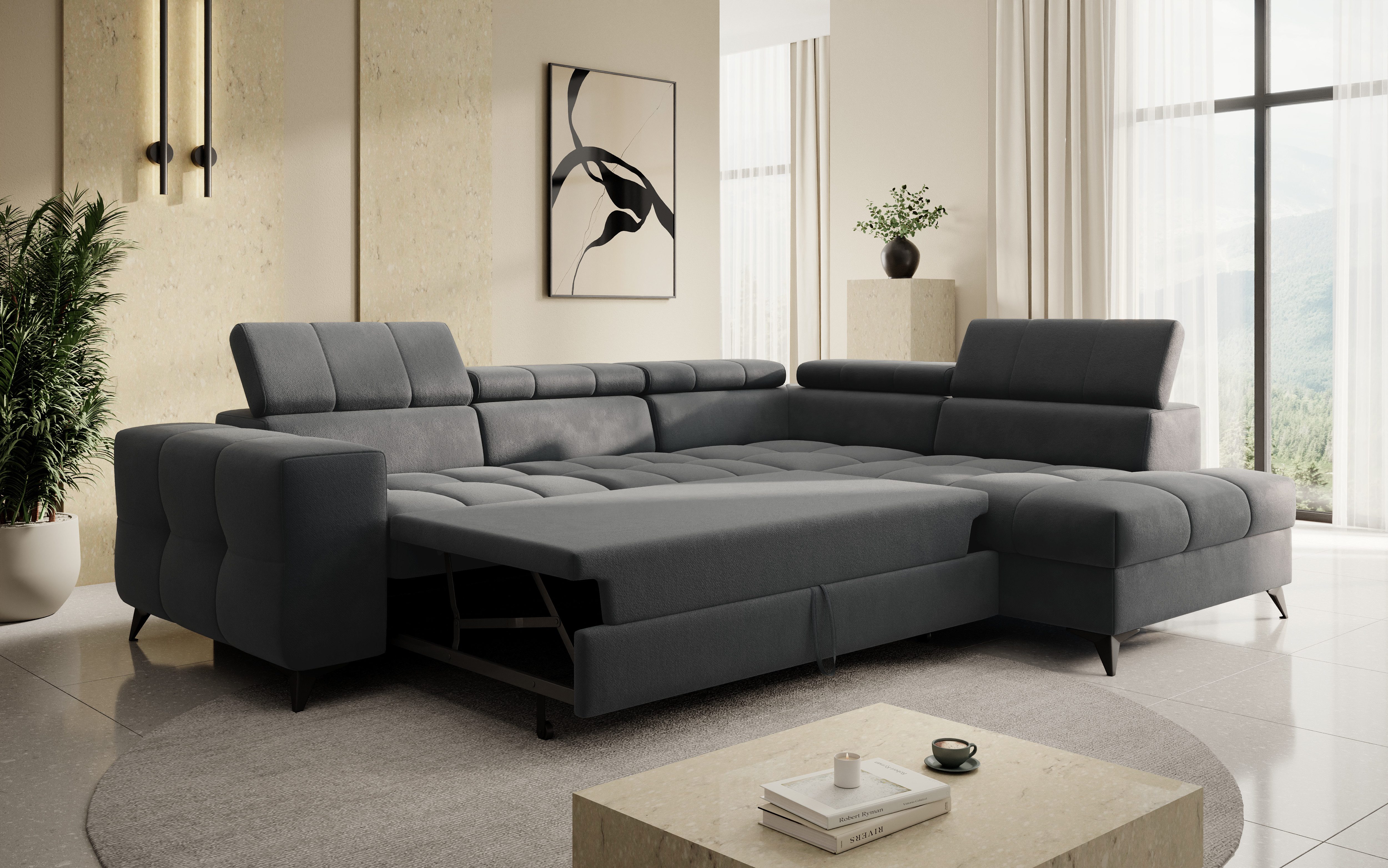 thematys Ecksofa SORANO mit Schlaffunktion & Bettkasten – L-Form, Bouclé und Velours, - mit verstellbaren Kopfstützen, – L-Form 270×203 cm – Schlafsofa mit Auszug, – L-Form 270×203 cm – Schlafsofa mit Auszug