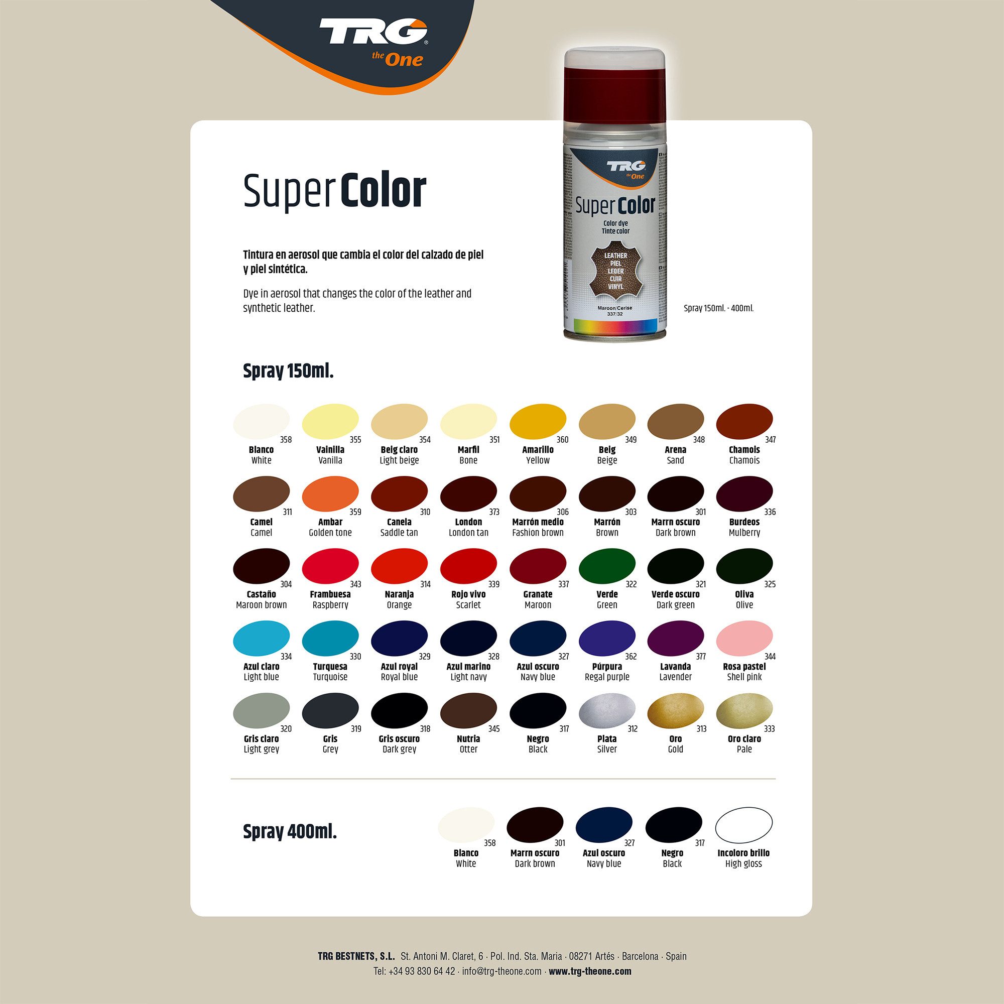 TRG Sprühfarbe TRG Lederfarbspray Lederfarbe Farbspray 400ml für Glattleder