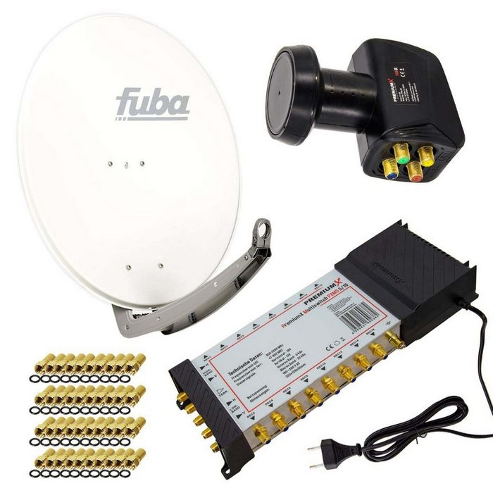PremiumX Satelliten-Komplettanlage Fuba DAA 780 W Satellitenschüssel Alu Weiß 5/16 Multischalter LNB F-Stecker 1 SAT 16 Teilnehmer SAT-Antenne
