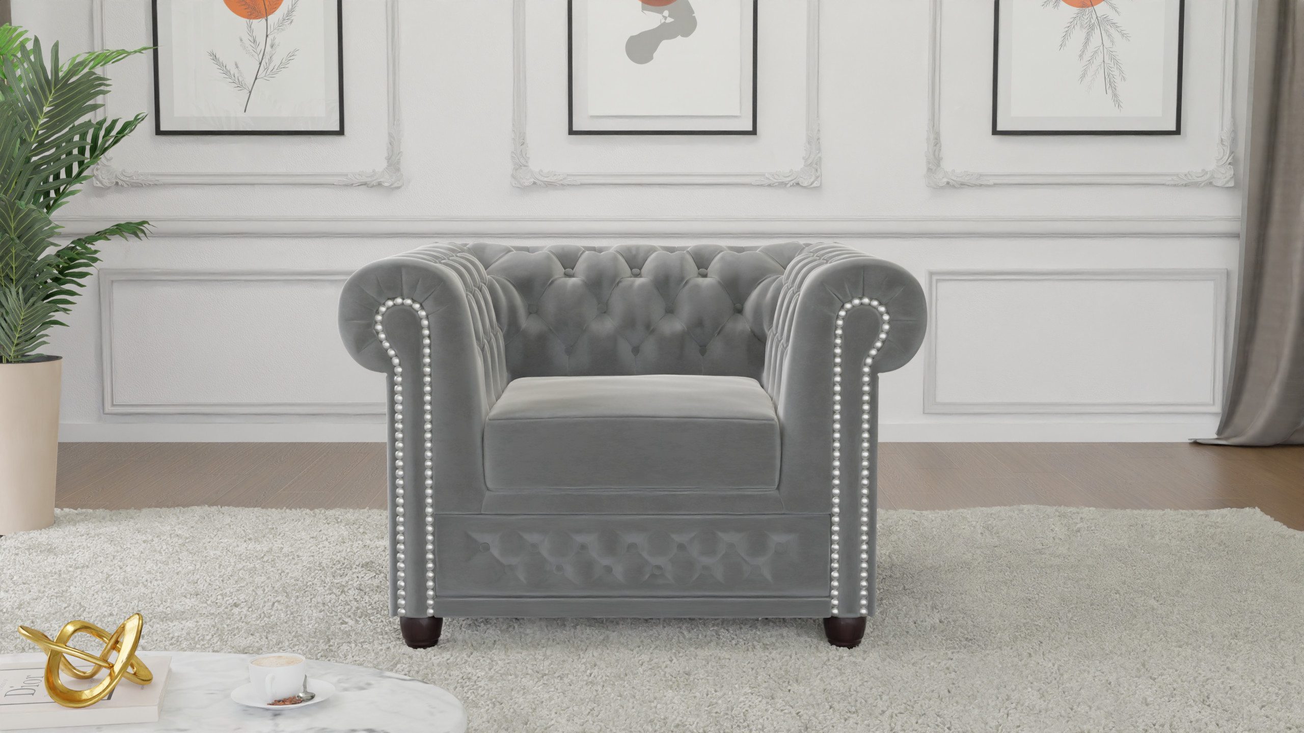 S-Style Möbel Chesterfield-Sessel Lena aus Samt-Stoff mit Holzfüßen (Chesterfield Sessel), mit Wellenfederung