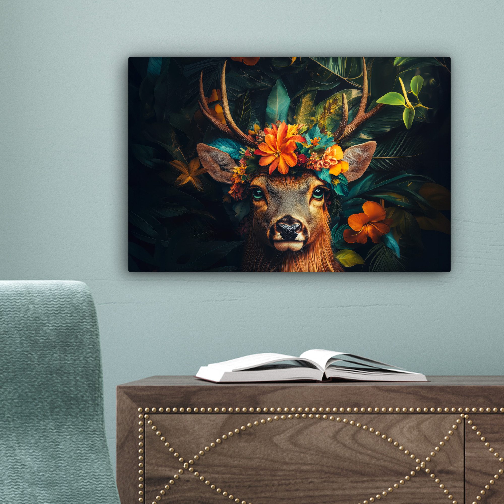 OneMillionCanvasses® Leinwandbild Hirsch - Blumen - Natur - Botanisch - Tier, Fotodruck (1 St), Leinwand Canvas Wandbild, Wanddekoration 20x30 cm – Bild 3 von 5