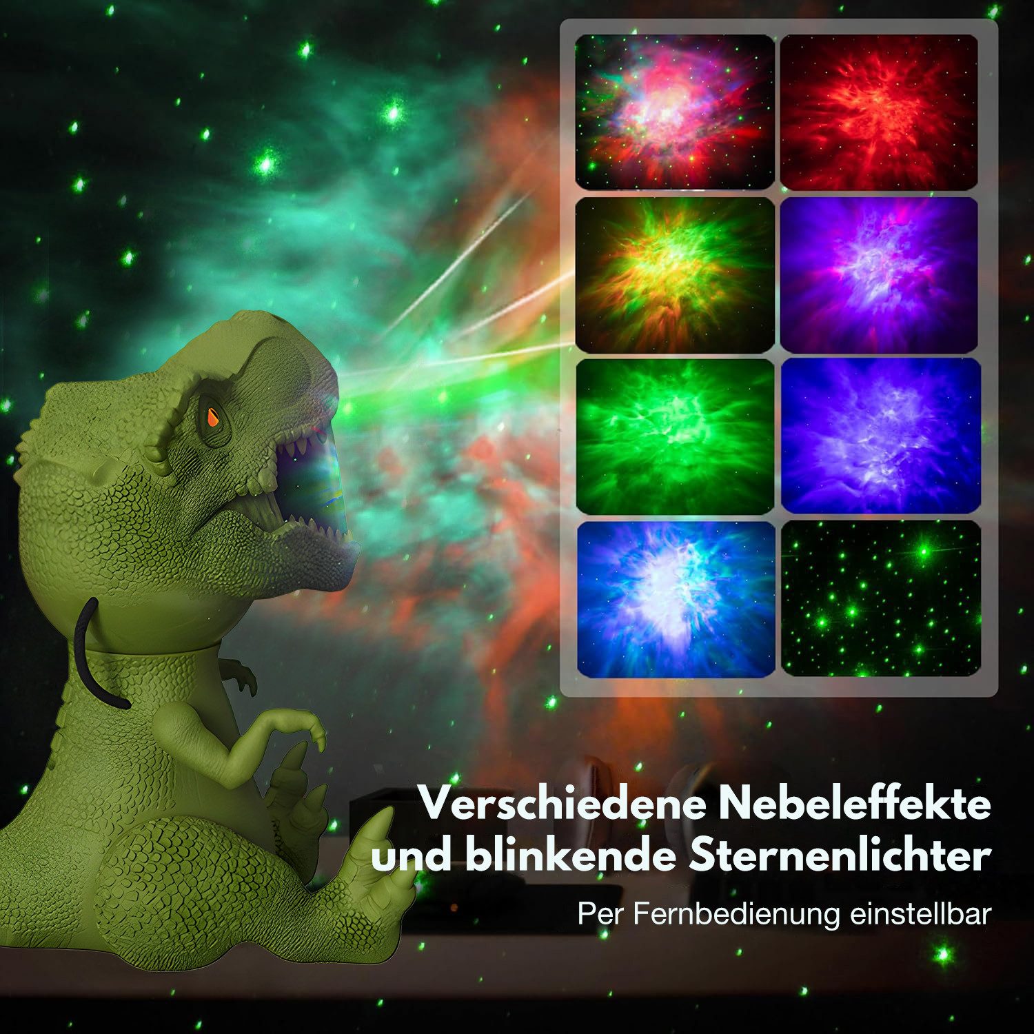 Rosnek Projektionslampe Sternenhimmel Projektor Dimmbar, Dinosaurier Nachlicht Nebel-Stern, Geschwindigkeit Einstellbar 360°Drehbar Timer Deko Stimmungslicht Grün