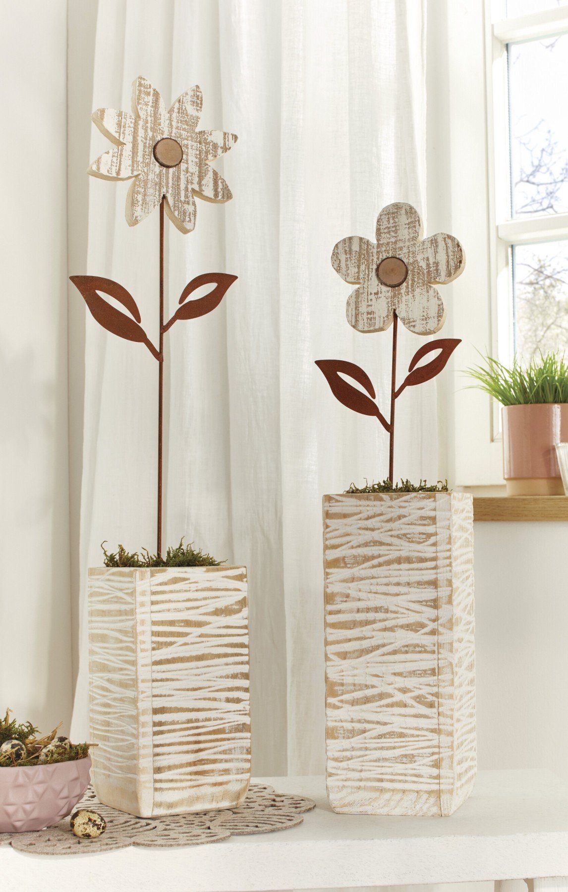 Dekoleidenschaft Gartenstecker "Blume" aus Metall mit Echtrost-Finish & Blüten aus Holz, Beetstecker (2-St., im Set) Dekostecker Metallstecker Roststecker Stecker, Gartendeko für Draußen