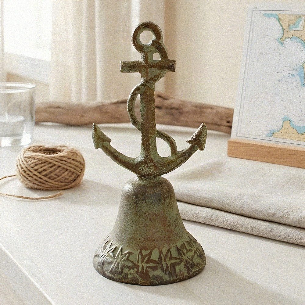 Antikas Wanddekoobjekt Tischglocke Anker Gusseisen, patiniert farbig, Used-Look, H.18 cm