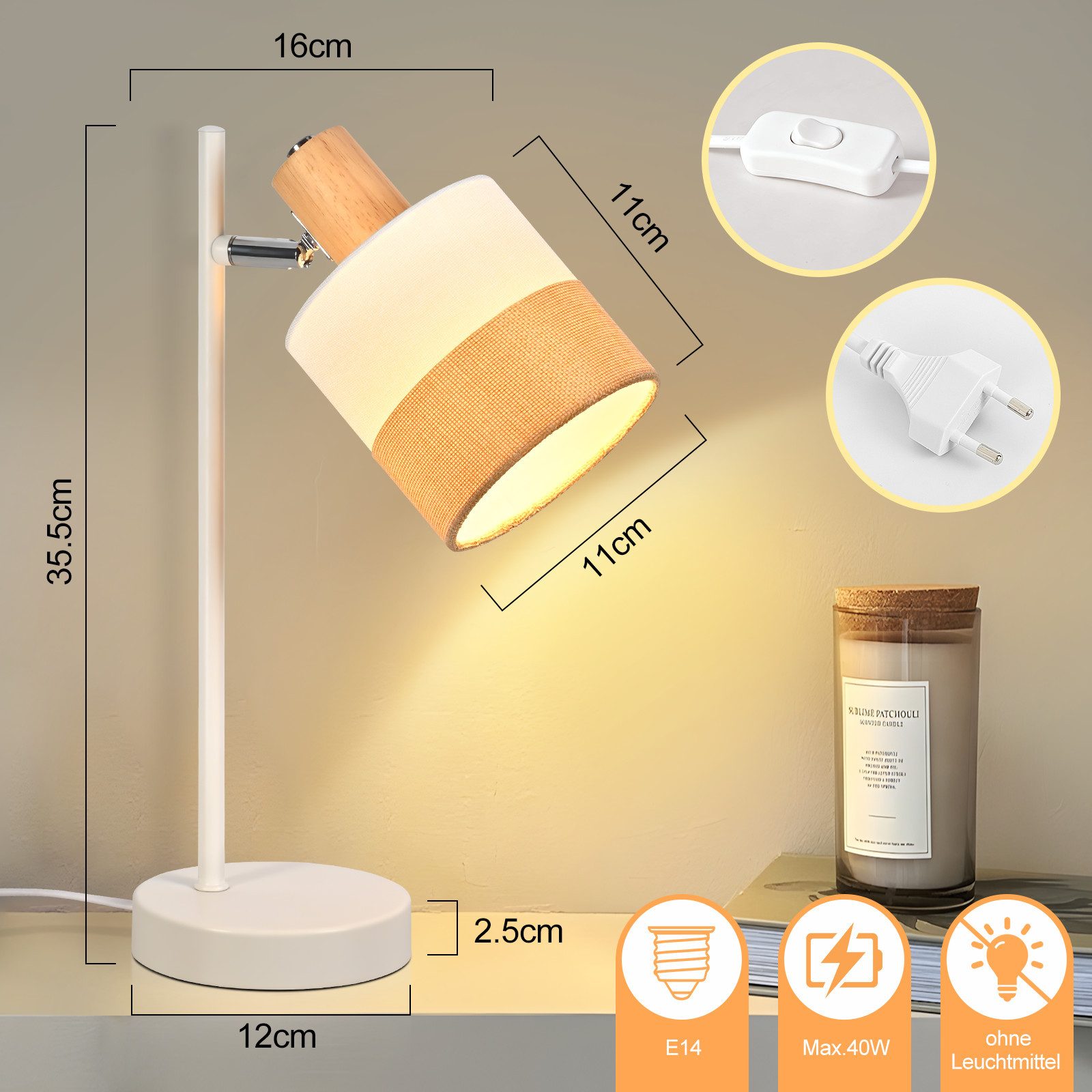 Nettlife Tischleuchte Vintage Stoffschirm Drehbare Retro Nachttischlampe E14 Fassung, ohne Leuchtmittel, Schreibtisch Nachttisch oder Beistelltisch