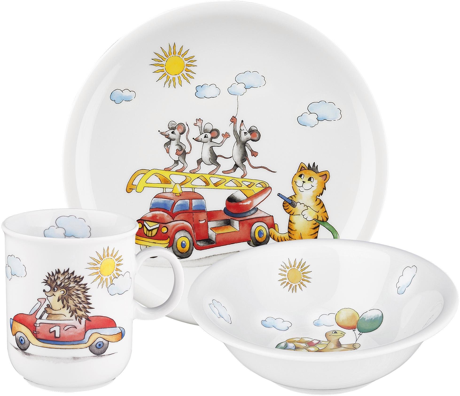Seltmann Weiden Kindergeschirr-Set Compact Flinker Flitzer (3-tlg), 1 Personen, Porzellan, Teller, Schüssel, Becher, Made in Germany, 3 Teile, für 1 Person