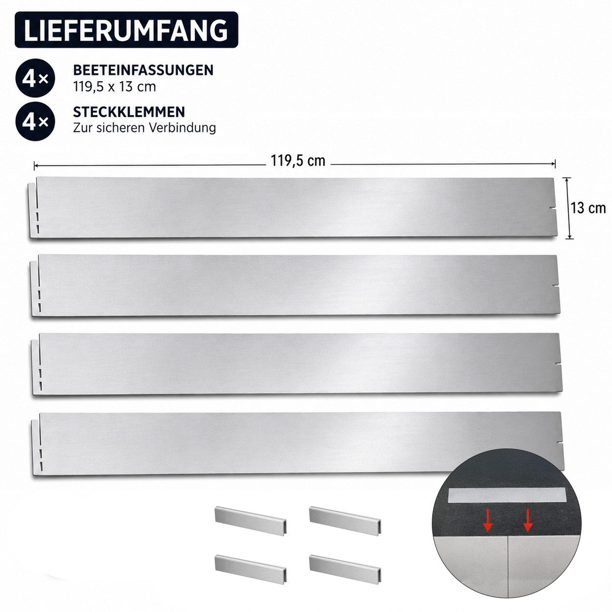 PEDEA Rasenkante GARDENLINE Rasenkanten 4 Stück aus verzinktem Stahl ca. 4,72 m, 4x 119,5 x 13 cm für Beete, Rasen und Wege