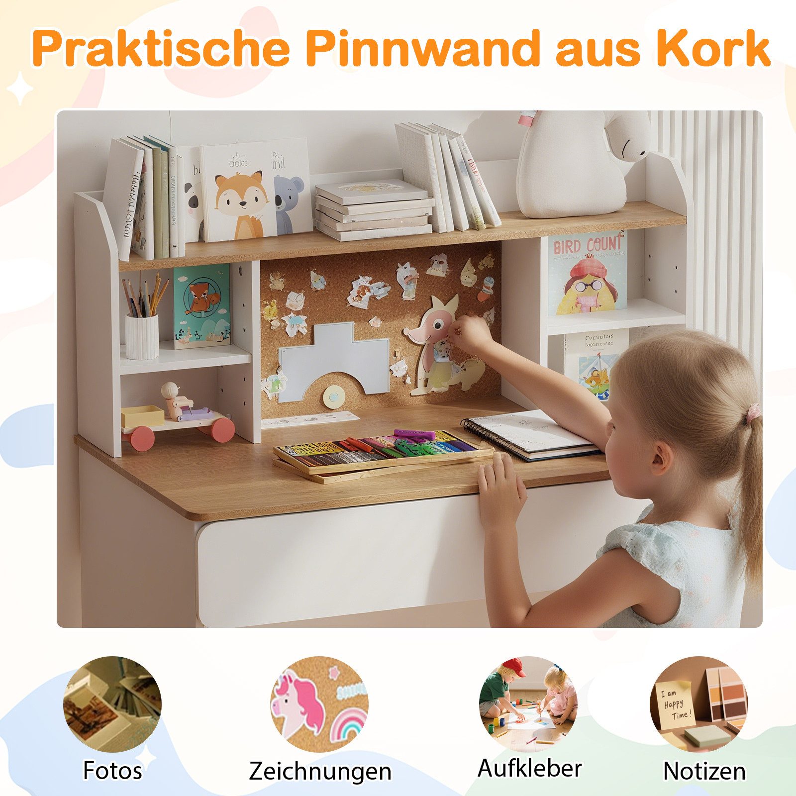 COSTWAY Kindertisch, Kinderschreibtisch mit Kork-Pinnwand, Ladestation günstig online kaufen
