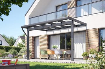 Rexin Terrassendach REXOclassic – 4m x 2m elegantes Aluminium Terrassendach, BxT: 406x200 cm, Bedachung VSG-Glas klar oder VSG-Glas grau, 4mm starke Profile, Terassenüberdachung, Vordach