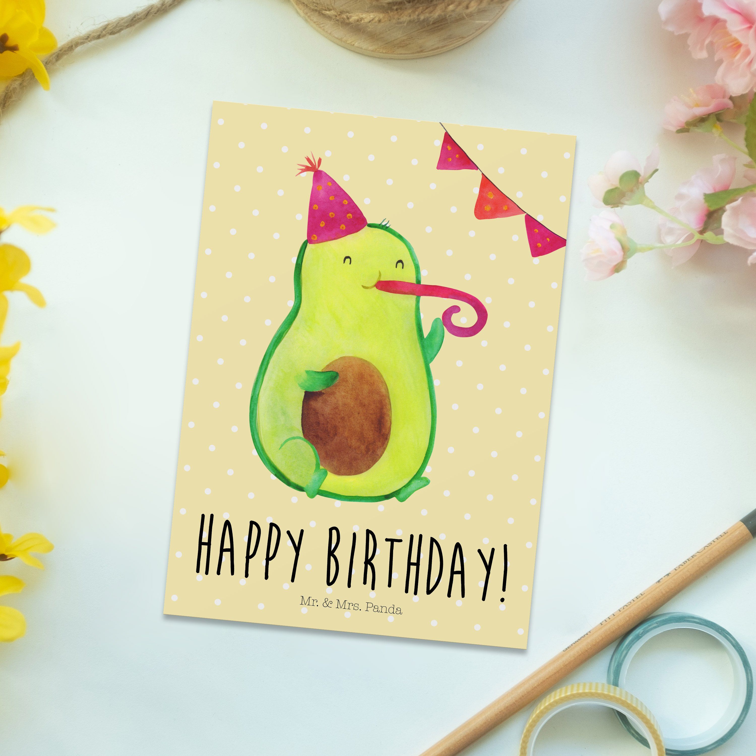 Mrs. Mr. Avocado Gelb Dan & - Postkarte Panda Ansichtskarte, Geschenk, Birthday - Party, Pastell