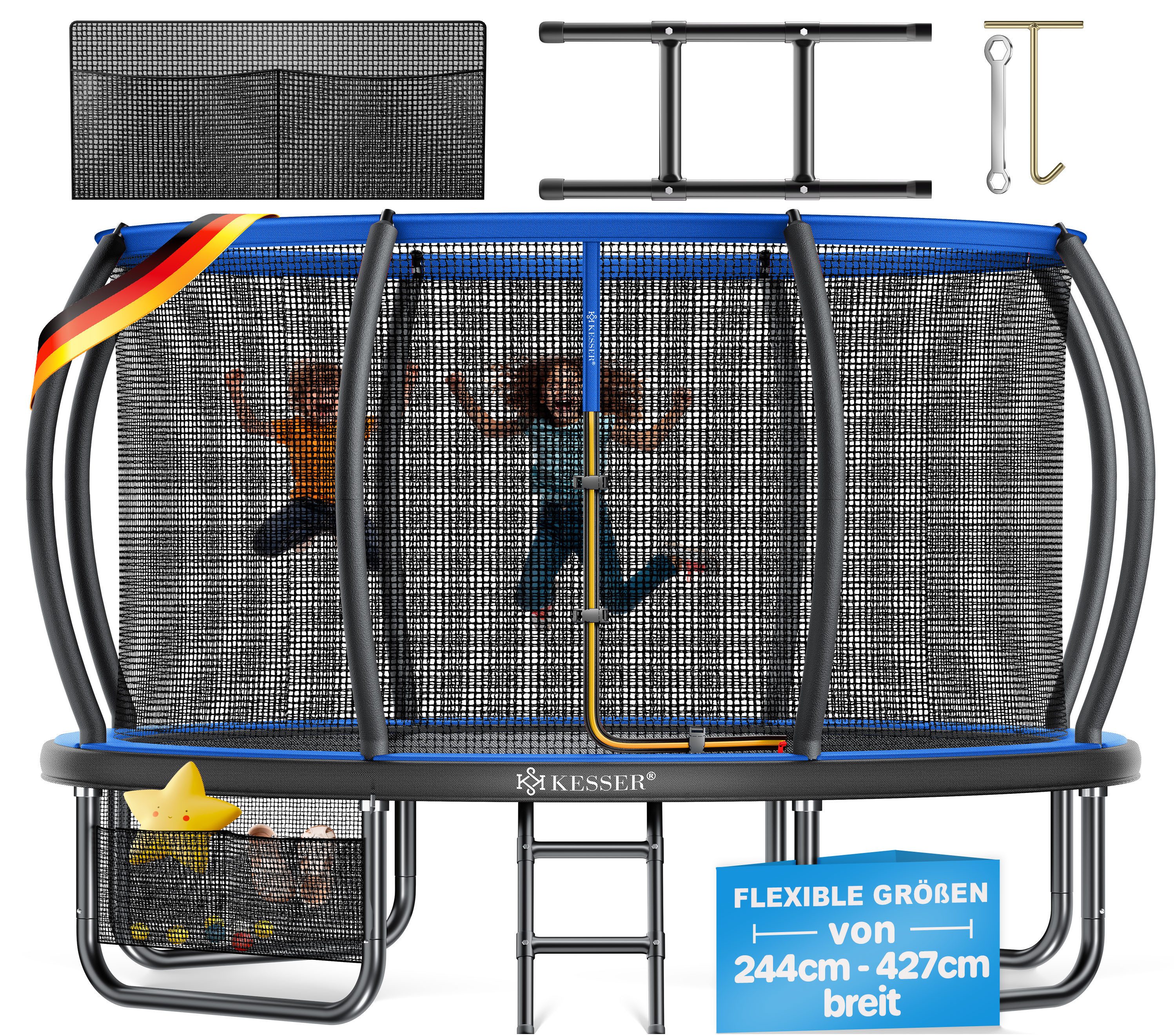 KESSER Gartentrampolin Trampolin Outdoor GS-geprüft Ø 244cm für Kinder bis 50kg, Ø 244 cm, inklusive Sicherheitsnetz, Tasche, Leiter, Randabdeckung & Netzstangen