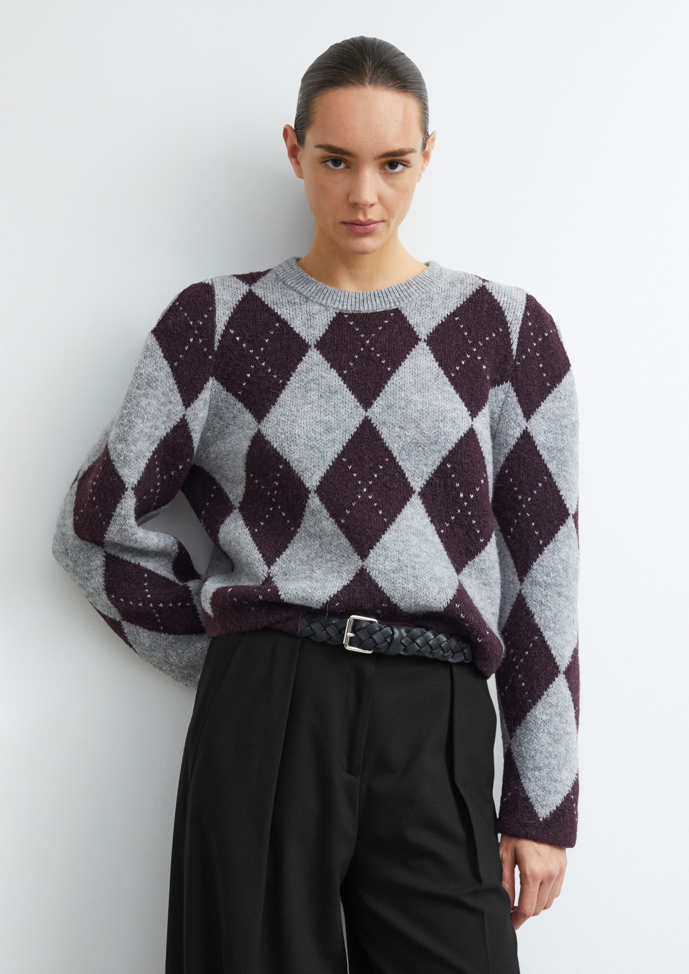 comma Longpullover Strickpullover Verkürzter Argyle-Pullover mit Schulter-Detail