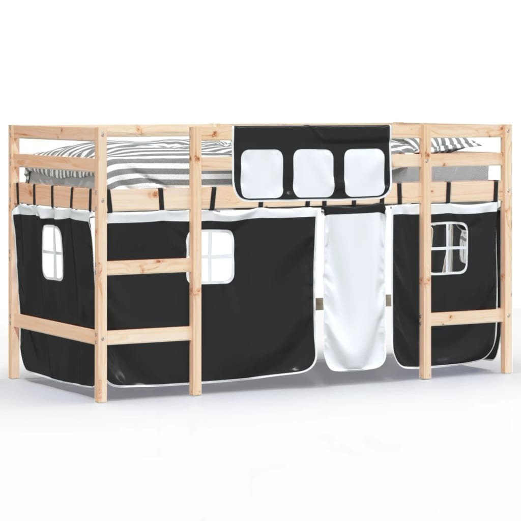 vidaXL Kinderbett 80 x 200 cm Kinderhochbett mit Vorhängen Weiß und Schwarz Massivholz K