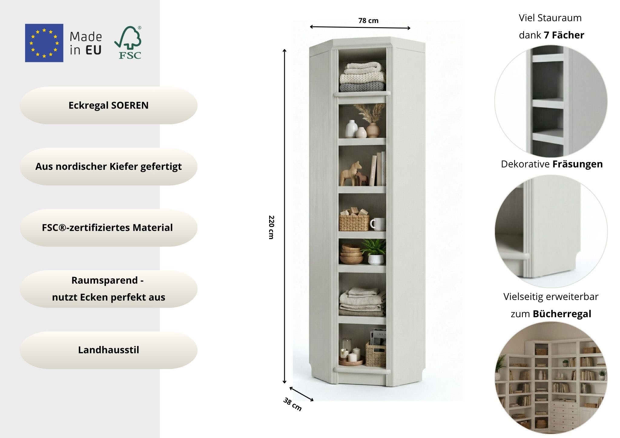OTTO home Eckregal Soeren Regal Höhe 220 cm, massive Kiefer, FSC®-zertifiziert, passend für Regale Soeren mit einer Tiefe von 29 cm