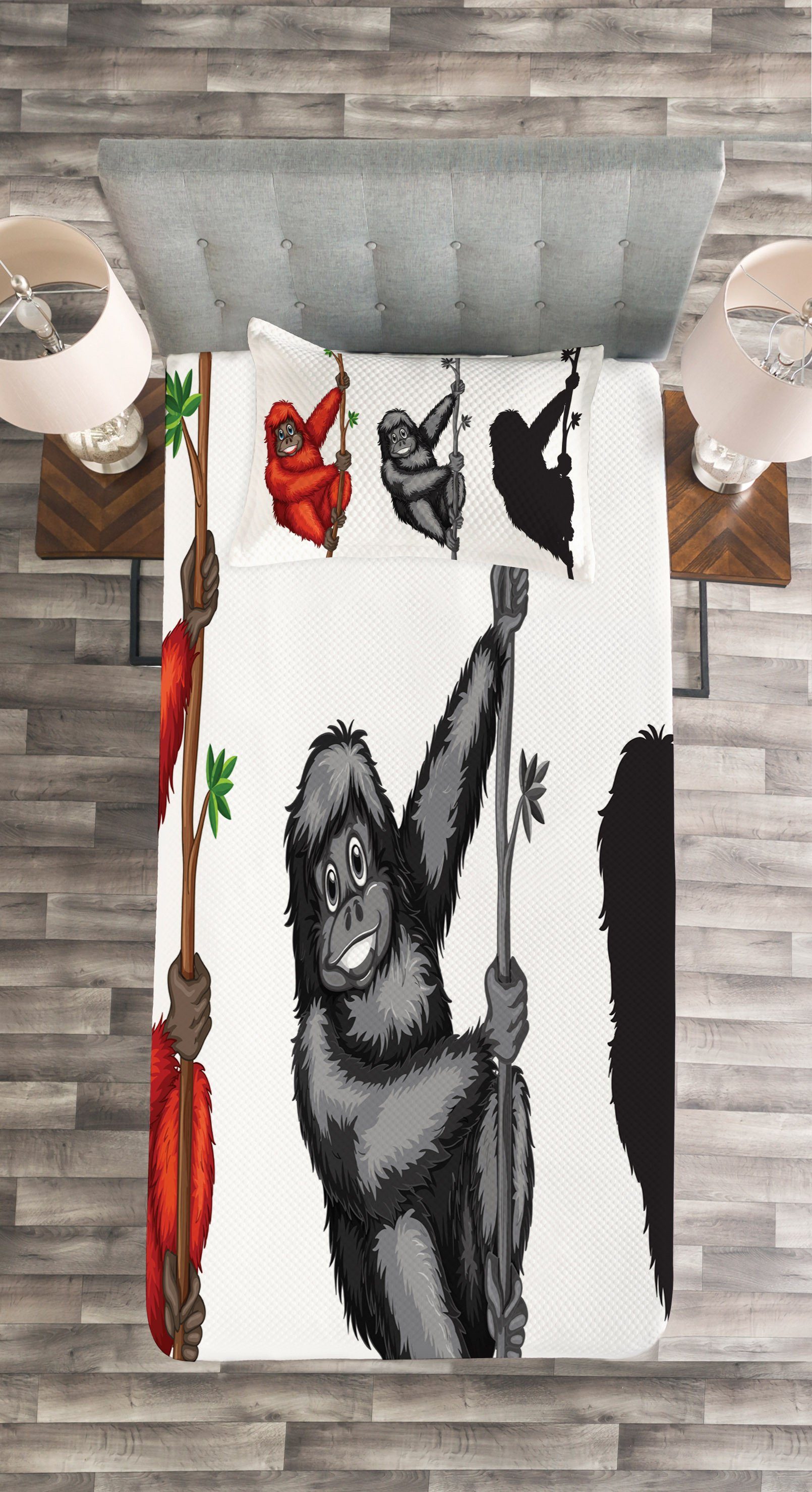 mit Kissenbezügen Tagesdecke Waschbar, hängend Utans Cartoon Abakuhaus, Gorilla Set
