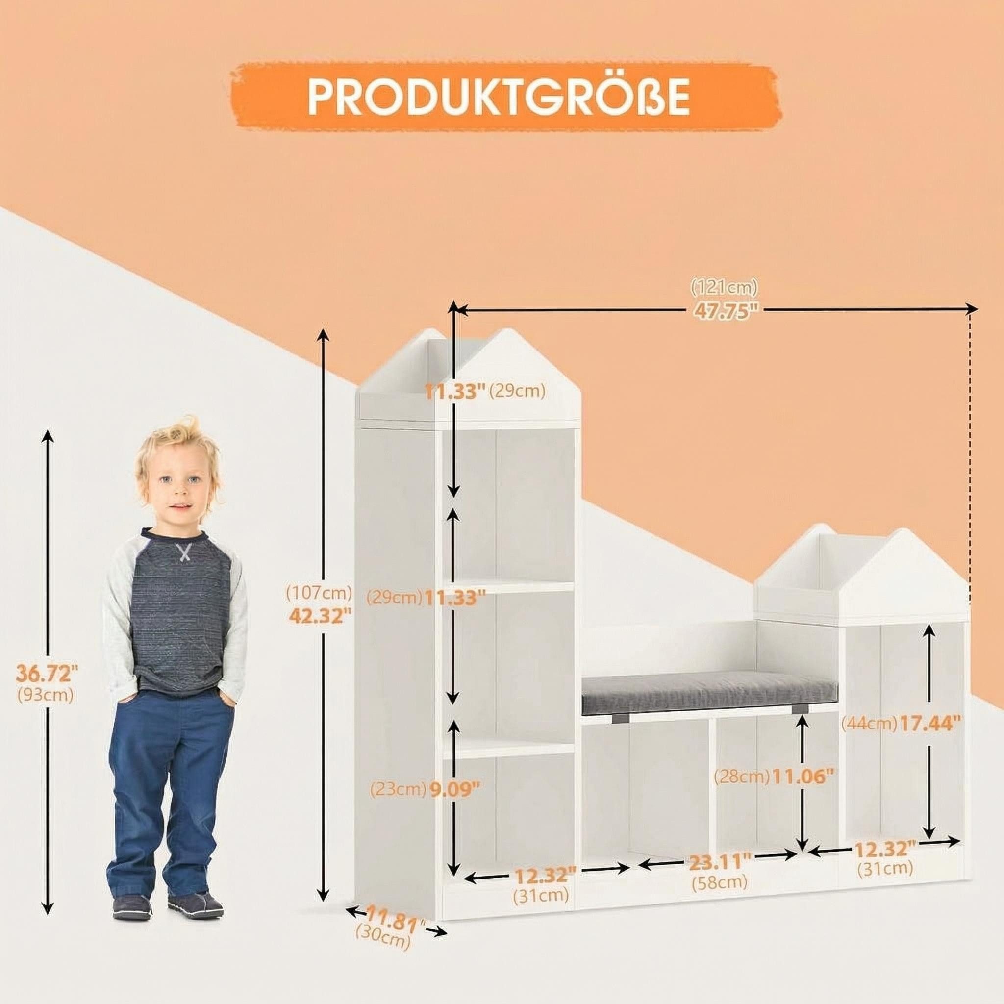 GarveeMore Kinderregal mit 6 Fächern und Sitzkissen,Burgdesign Spielzeugtruhe,121x30x107cm, Bücherregal Kinder,Standregal Spielzeug für Kinderzimmer,Schlafzimmer