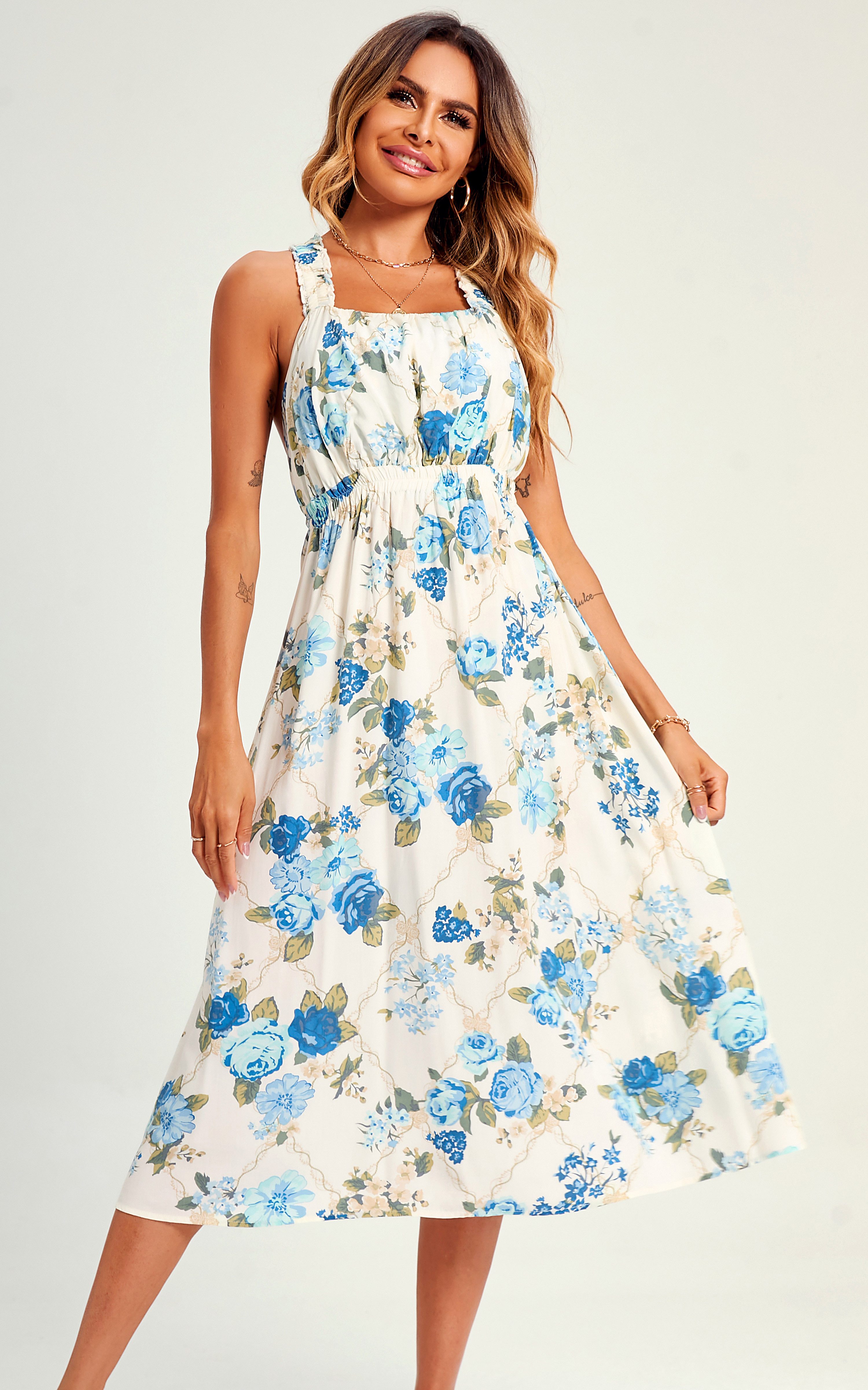 Trägerkleid Damen Sommerkleid Midikleid Blumenkleid Trägerkleid Rückenfrei