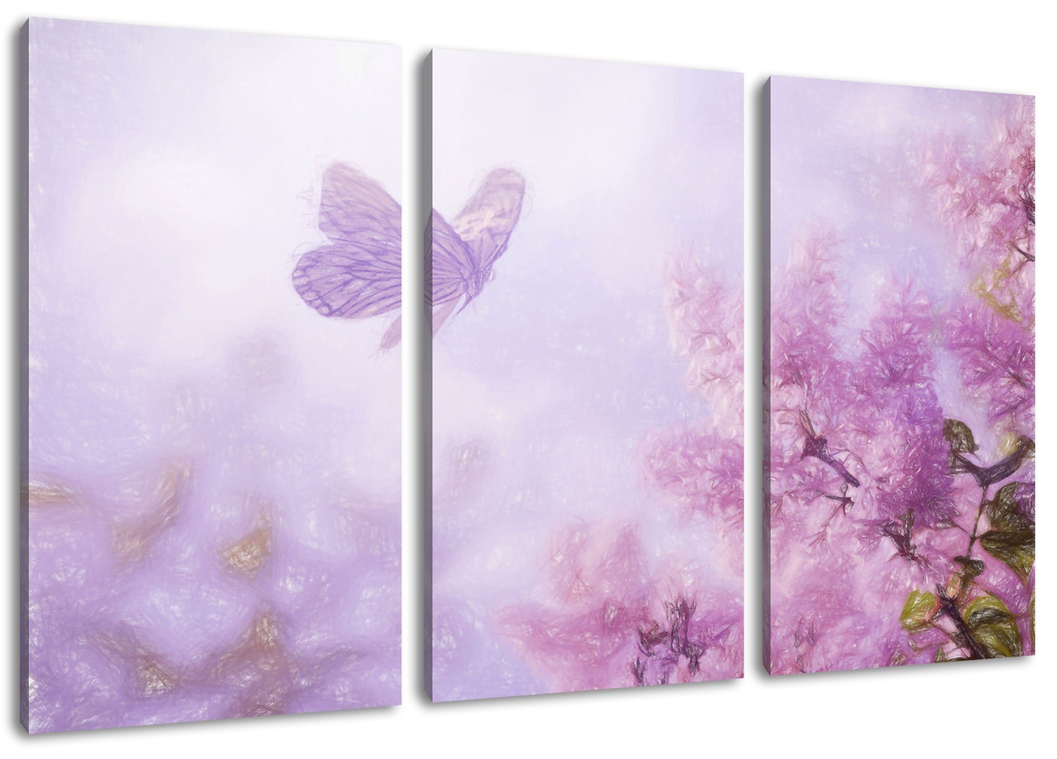 Kirschblüten Schmetterling Leinwandbild Schmetterling Pixxprint (120x80cm) 3Teiler Kirschblüten, inkl. Leinwandbild Zackenaufhänger bespannt, fertig St), (1