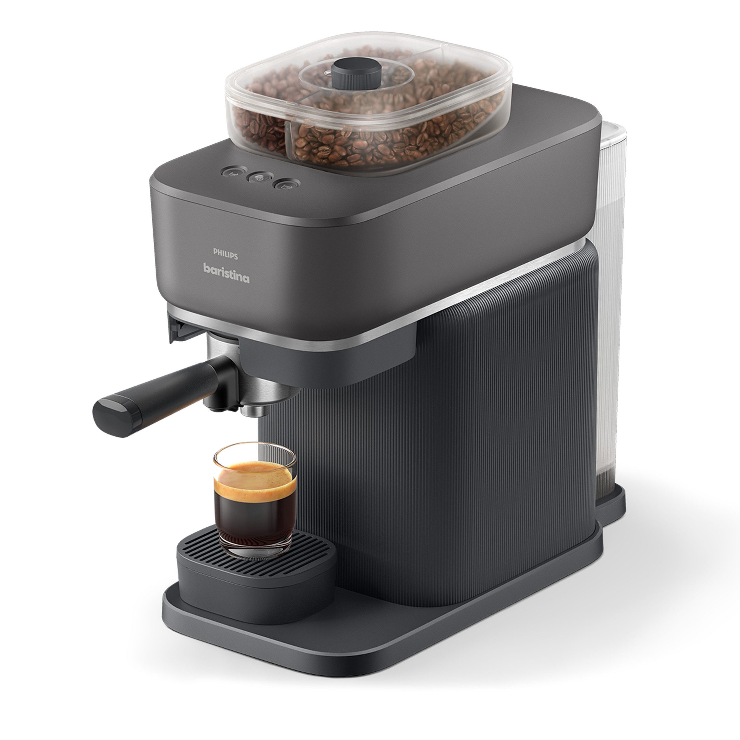 PHILIPS baristina Espressomaschine mit Bean swap BAR320/60 mit Mahlwerk für ganze Bohnen, Doppelter Bohnenbehälter, 16 bar Pumpendruck, Schwarzgrau