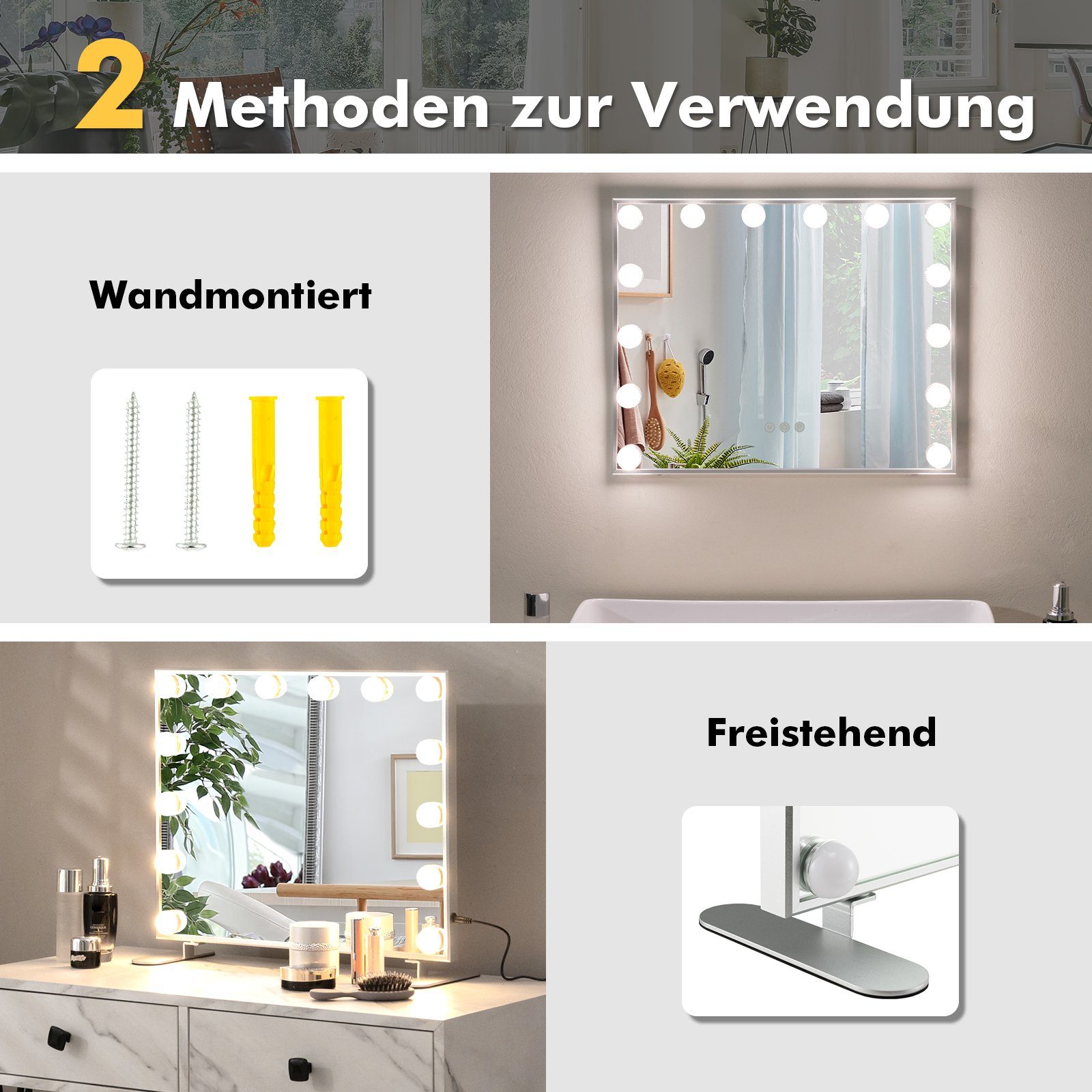 COSTWAY LED-Lichtspiegel, 2-in-1 Tischspiegel & Wandspiegel, 3 Lichtfarben