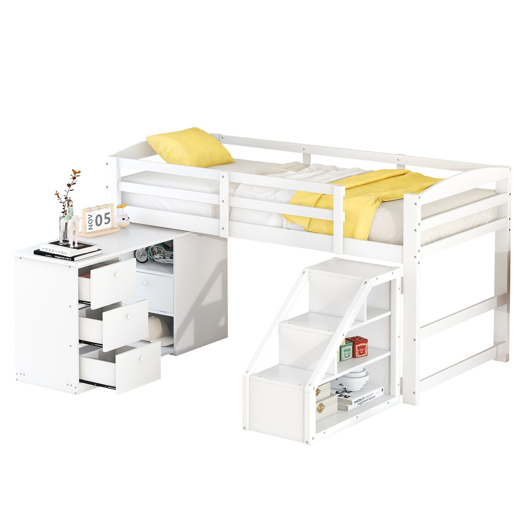 Kinderbett und 200 Kinderbett Lattenrost mit x Treppe), HAUSS Ohne SPLOE integriertem Hochbett Matratze mit cm, Bettrahmen Multifunktionsschreibtisch Einzelbett (90