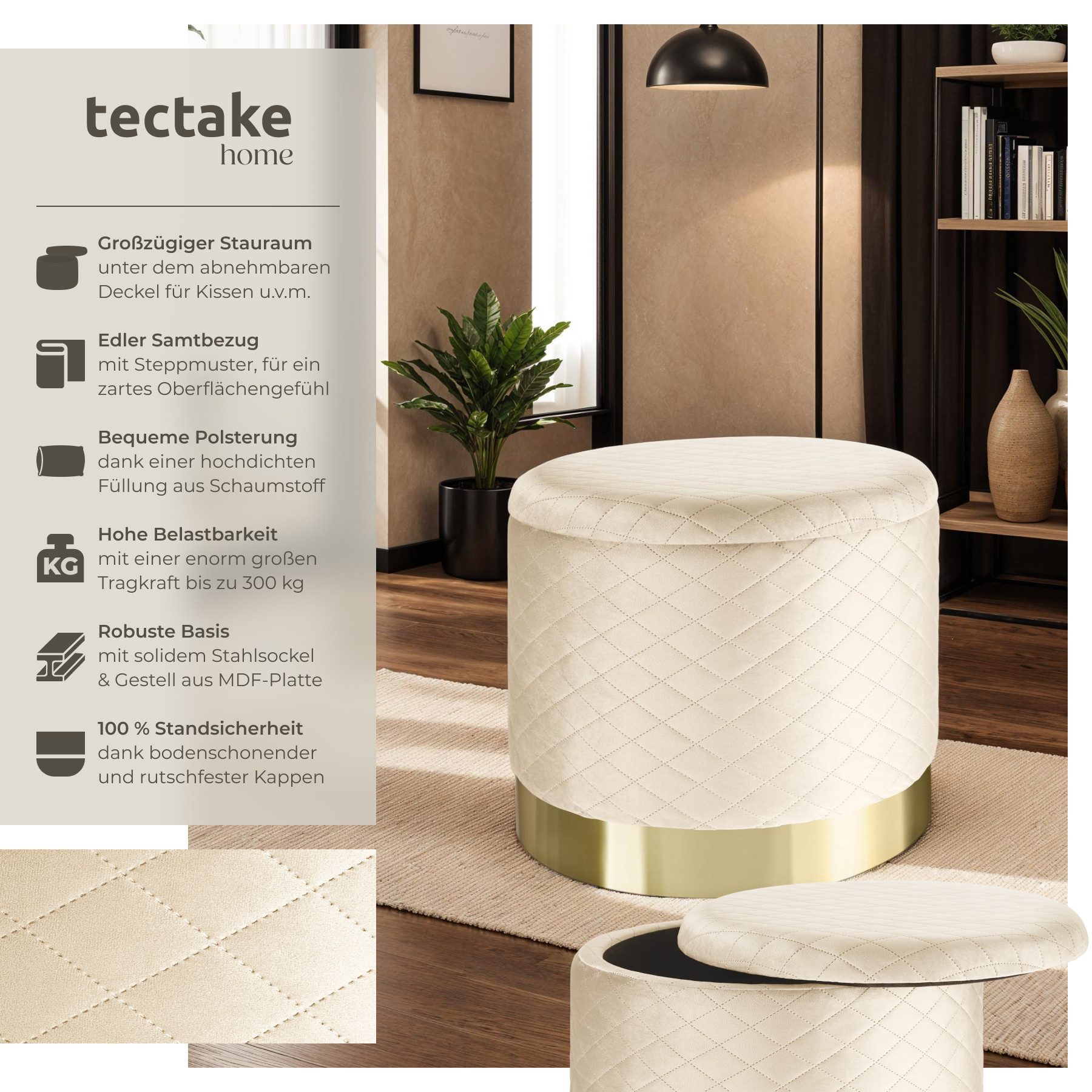 tectake Sitzhocker Schminkhocker Coco gepolstert in Samtoptik 300kg mit Sta günstig online kaufen