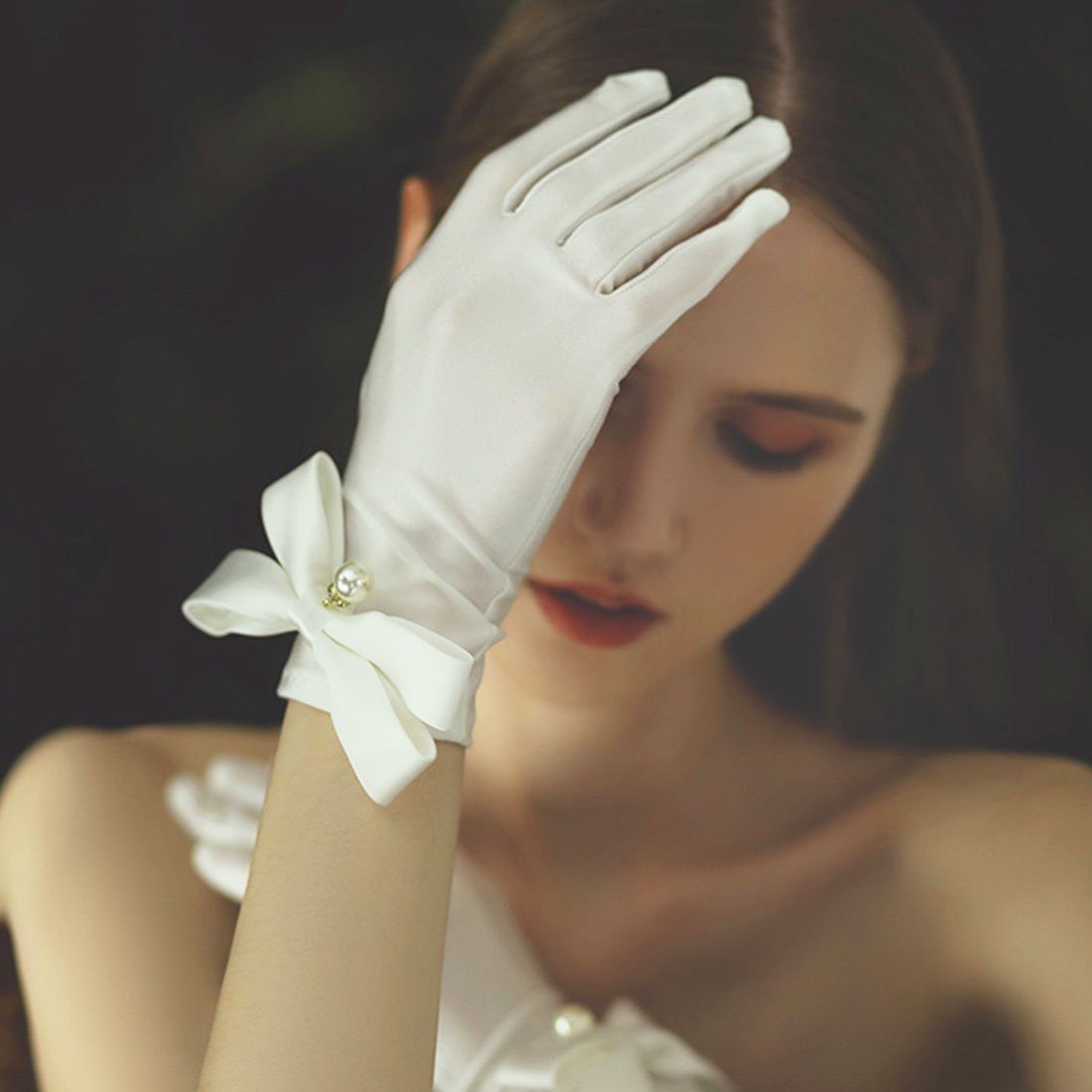 Satinhandschuhe Abendhandschuhe für Französische weißer Schleife Braut die kurzer mit DÖRÖY