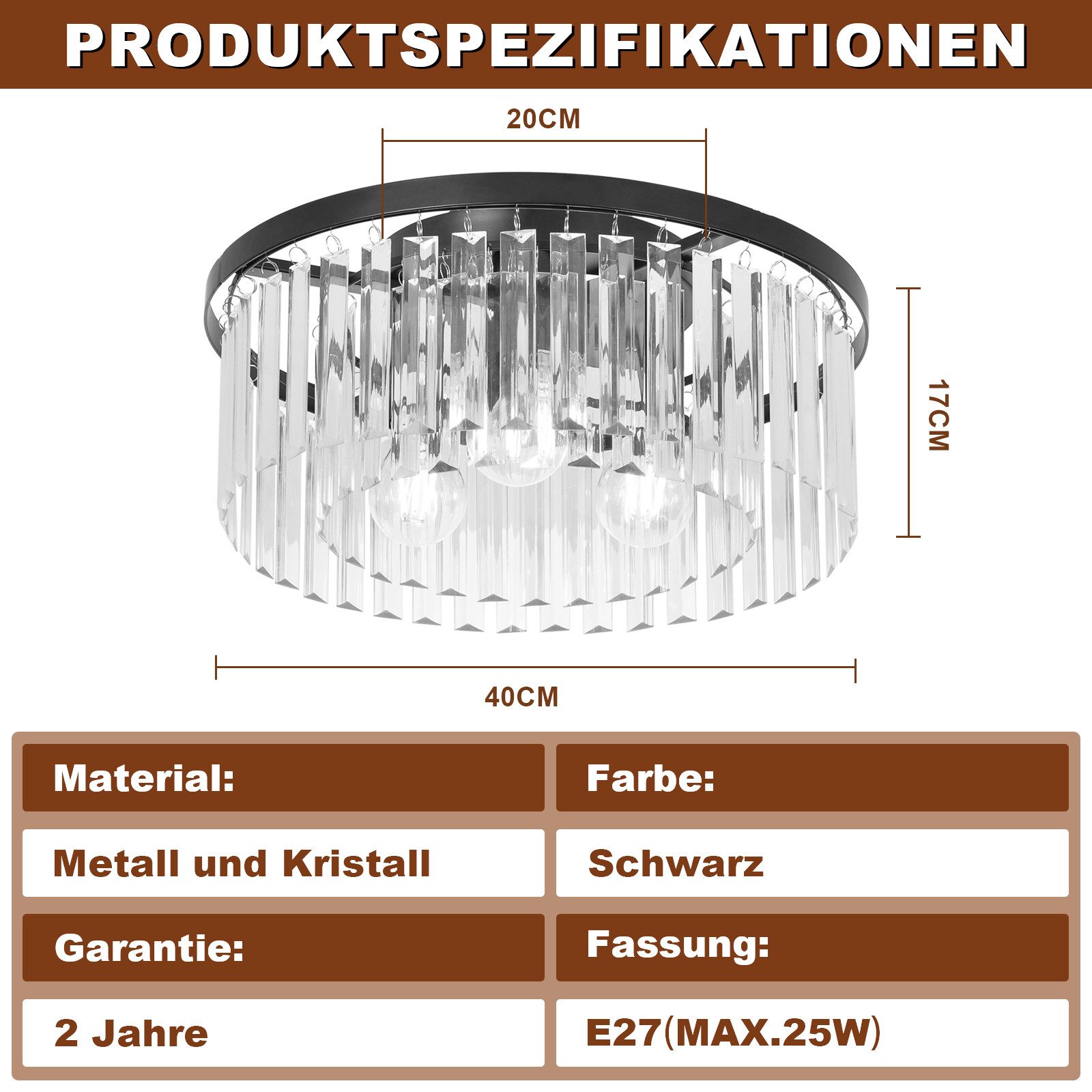 Nettlife Deckenleuchte Kristall Schwarz Deckenlampe Schlafzimmer E27/G9 Modern Wohnzimmer, LED wechselbar, Esszimmer Küchenlampe für Küche Büro