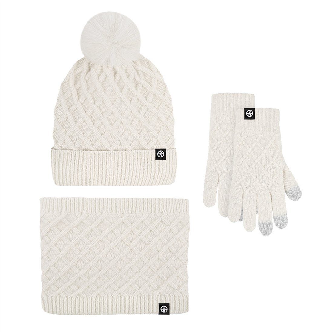 DÖRÖY Strickmütze Winter gepolstert Warm Mütze Schal Handschuhe 3 Stück, Warm Set Weiß