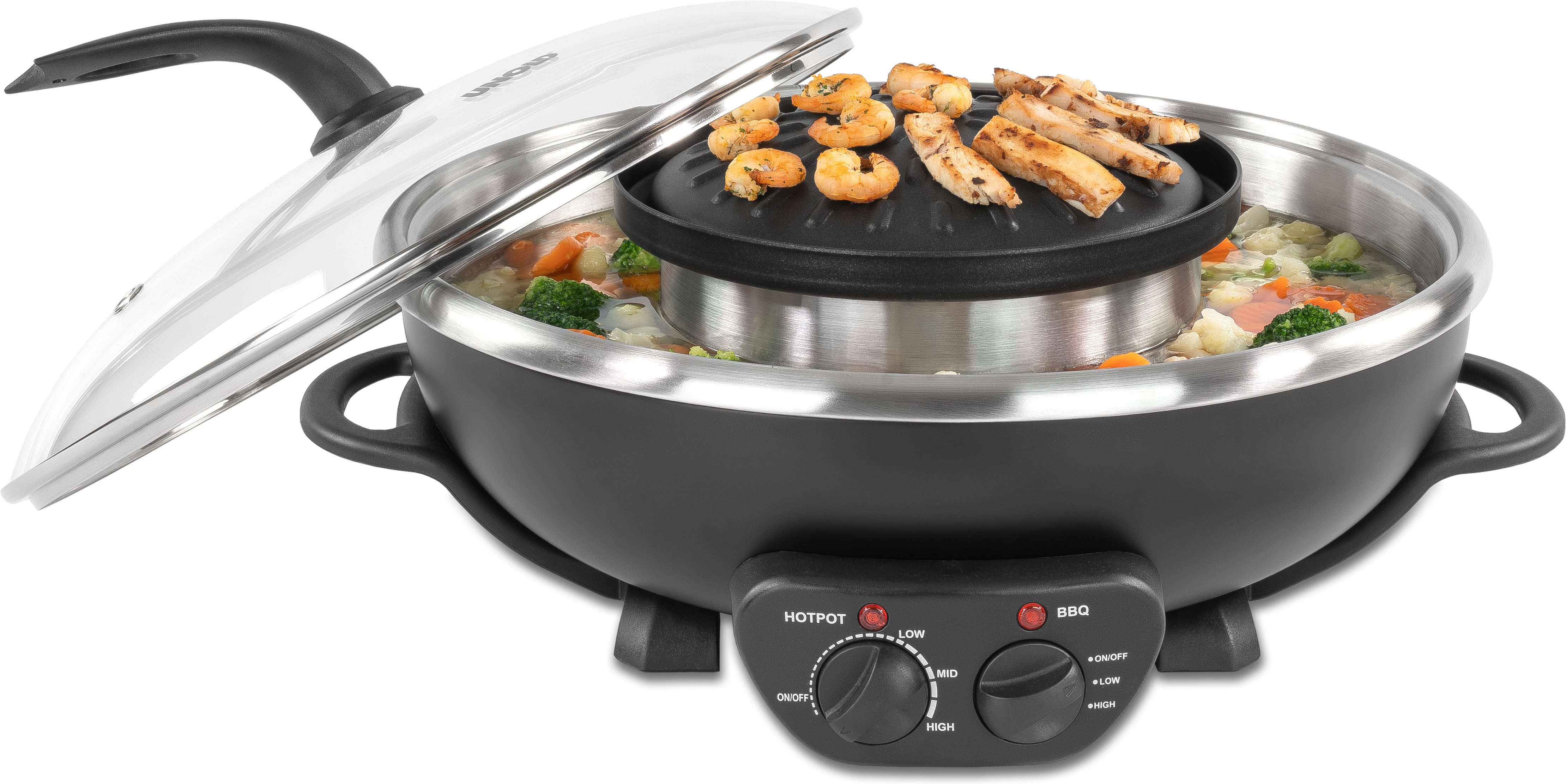 Unold Fondue Asia Hot Pot, Genoppte Antihaft-Grillplatte, inklusive 4 Fondue-Körbchen
