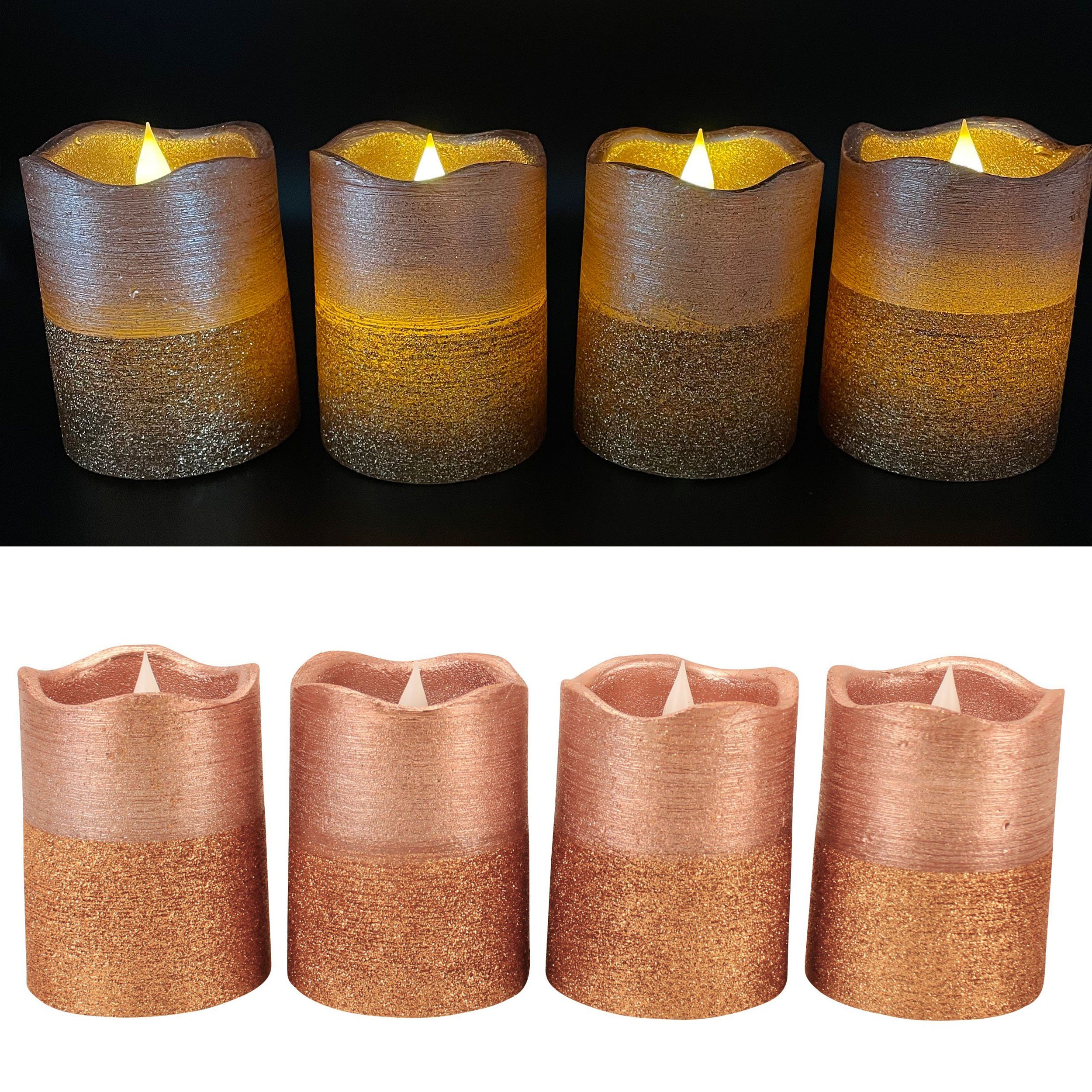 Online-Fuchs LED-Kerze 4er Set aus Echtwachs LED Kerzen mit Glitzer Effekt  Farbe wählbar (Maße ca. 7,5 cm im Durchmesser und 10 cm hoch), zweigeteilte  Optik, 6-Stunden-Timer, Flamme