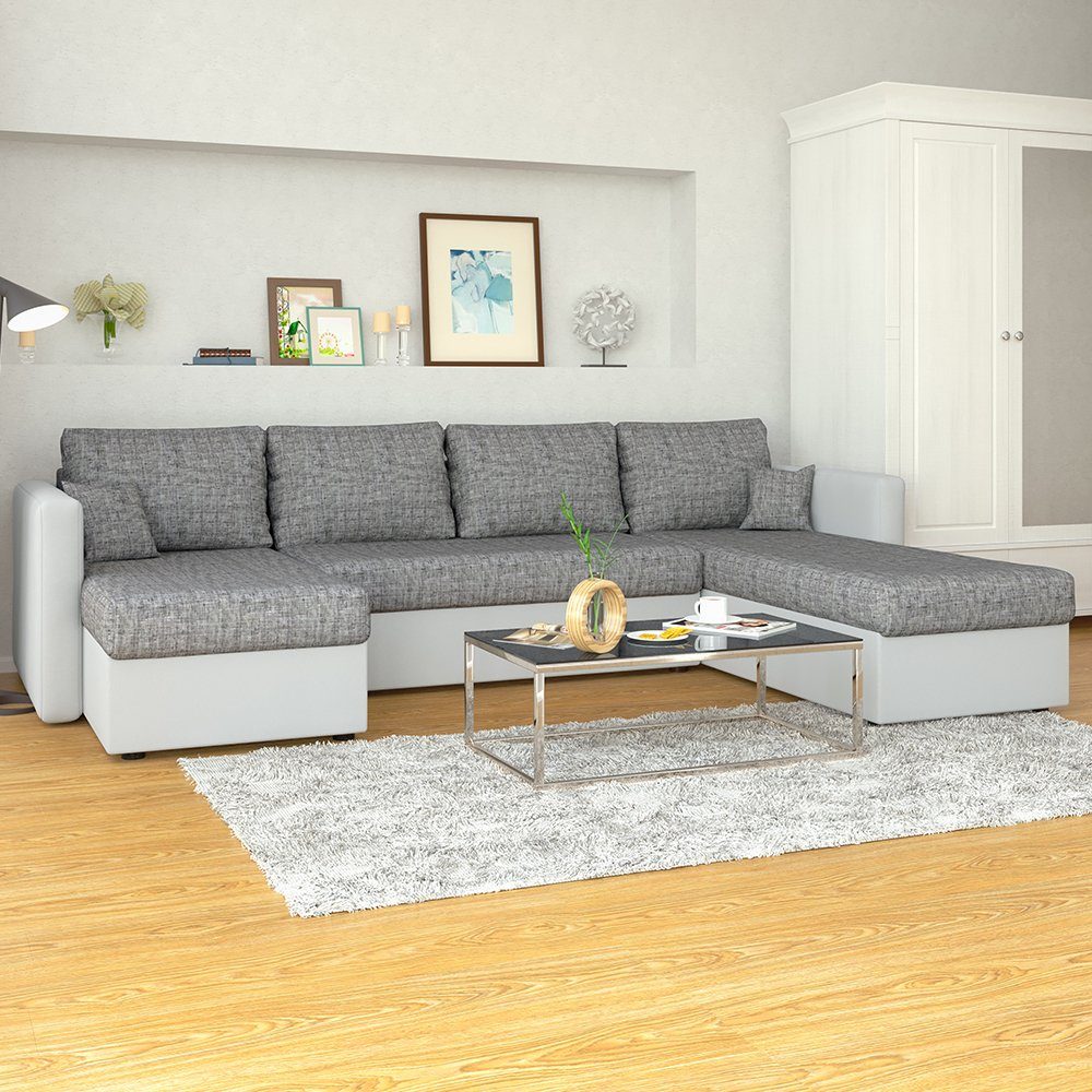 Vicco Wohnlandschaft Ecksofa mit Schlaffunktion XXL Grau / Grau, mit Stauraum