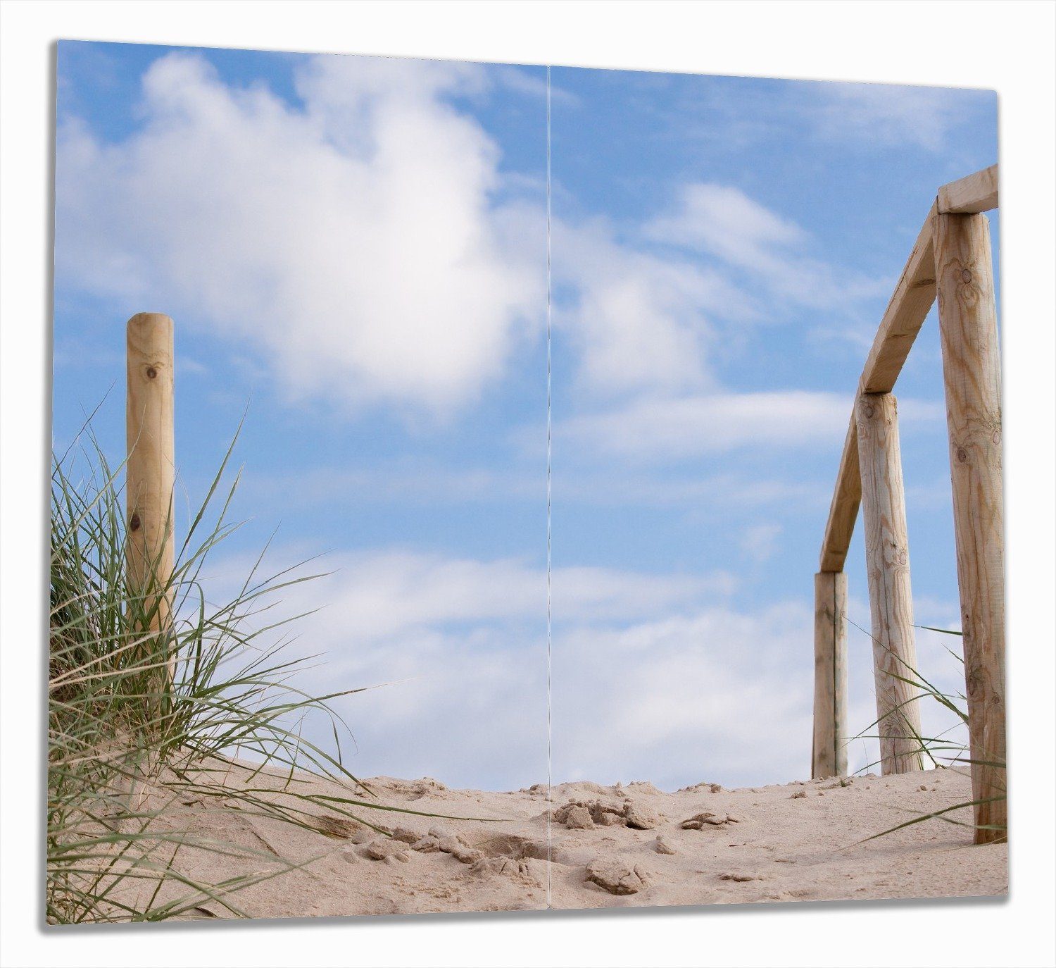 Wallario Herd-Abdeckplatte Auf der Holztreppe zum Strand, ESG-Sicherheitsglas, (Glasplatte, 2 tlg., inkl. 5mm Noppen), verschiedene Größen | Herdabdeckplatten