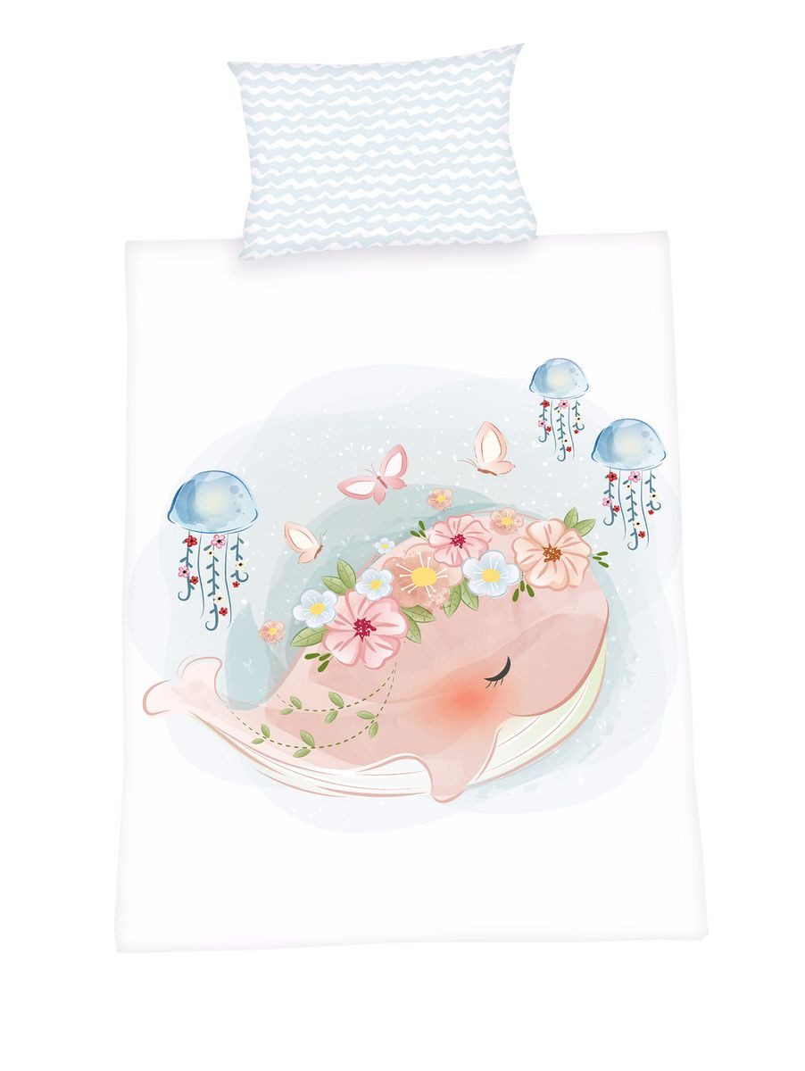 Herding Babybettwäsche 100x135cm Wal Qualle Rosa Hellbau, Renforcé, 2 teili günstig online kaufen
