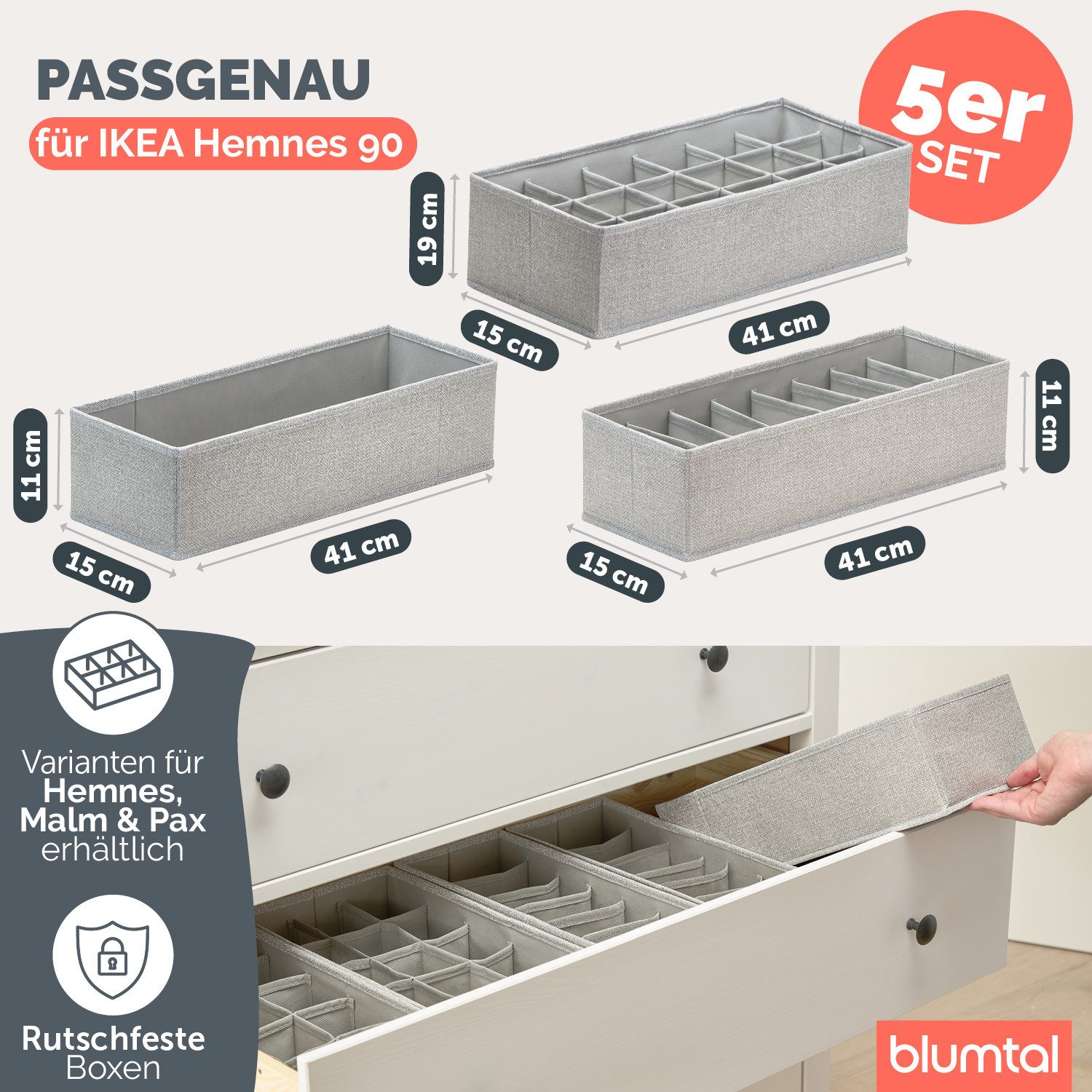 Blumtal Faltbox HEMNES, MALM, PAX Organizer Ordnungssystem Kleiderschrank (5 St), Faltboxen für BHs, T-Shirts - Boxen für Schrank
