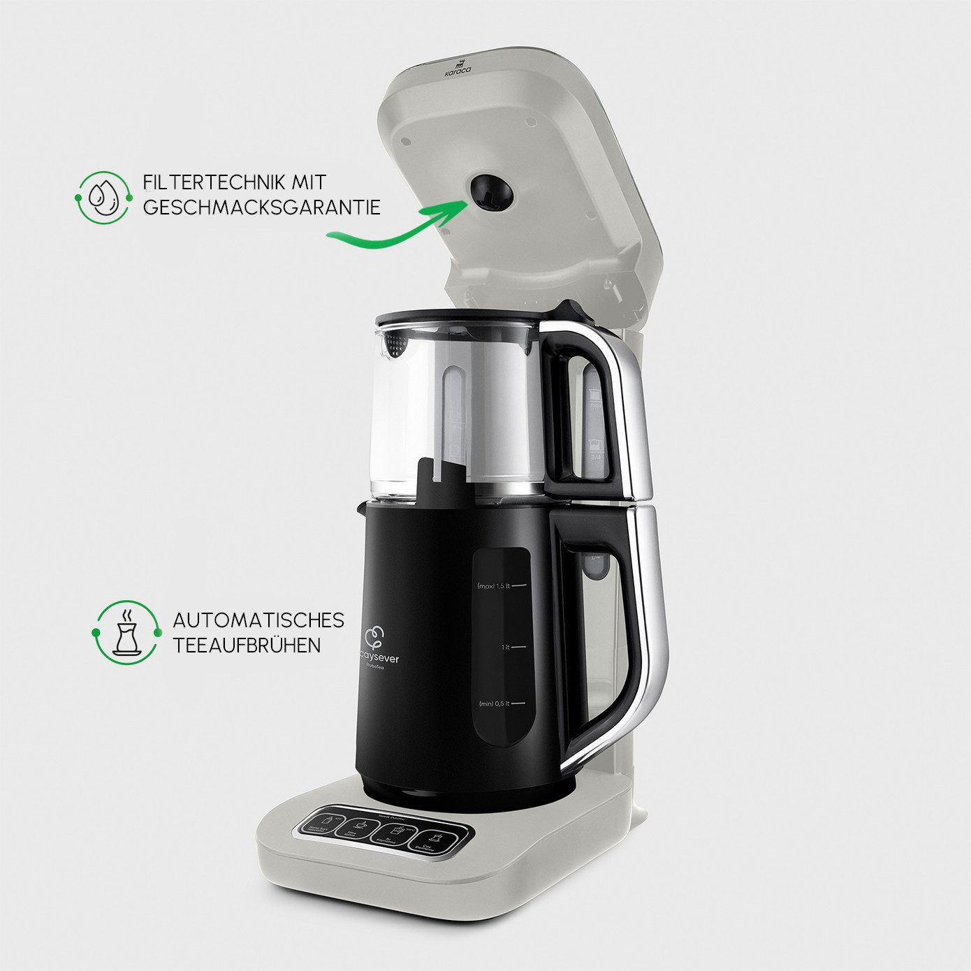 Karaca Wasserkocher Karaca Caysever Robotea Pro 4in1 Teekocher + Kaffeemaschine, Starlight, 2500 W