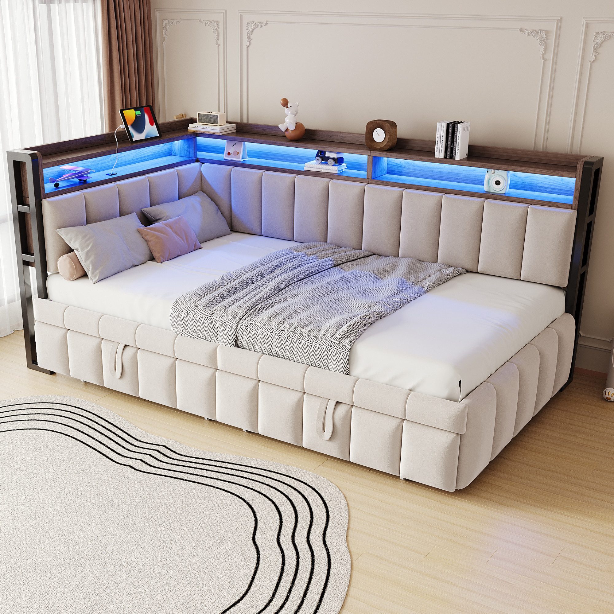 OKWISH Schlafsofa Polsterbett Funktionsbett, Ausziehbett mit LED-Beleuchtun günstig online kaufen